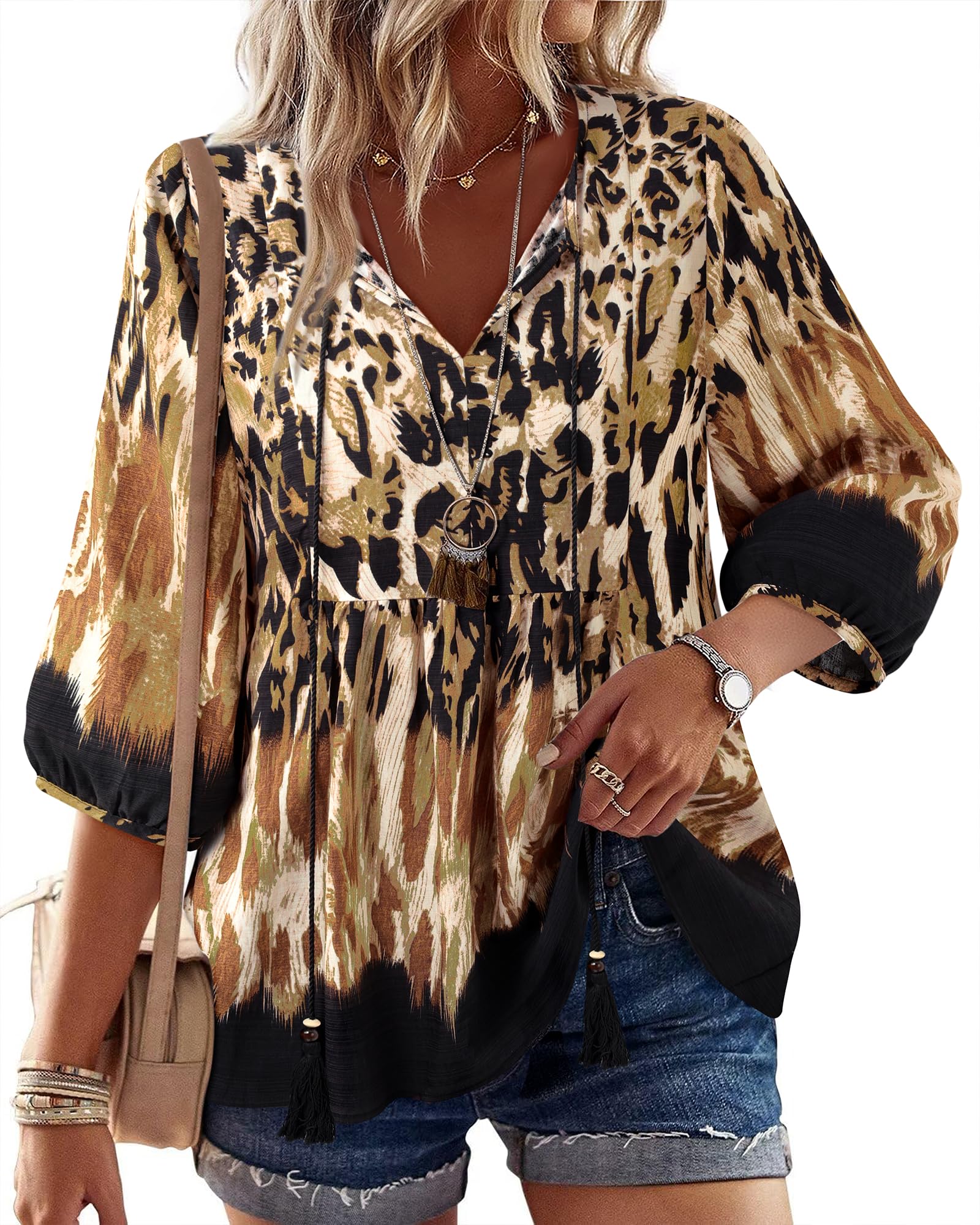 Vivilli Womens Summer Boho Babydoll Tops 3/4 Sleeve Pleated Peplum Blouses Casual V Neck Tie Front 2026 Tunic Tops