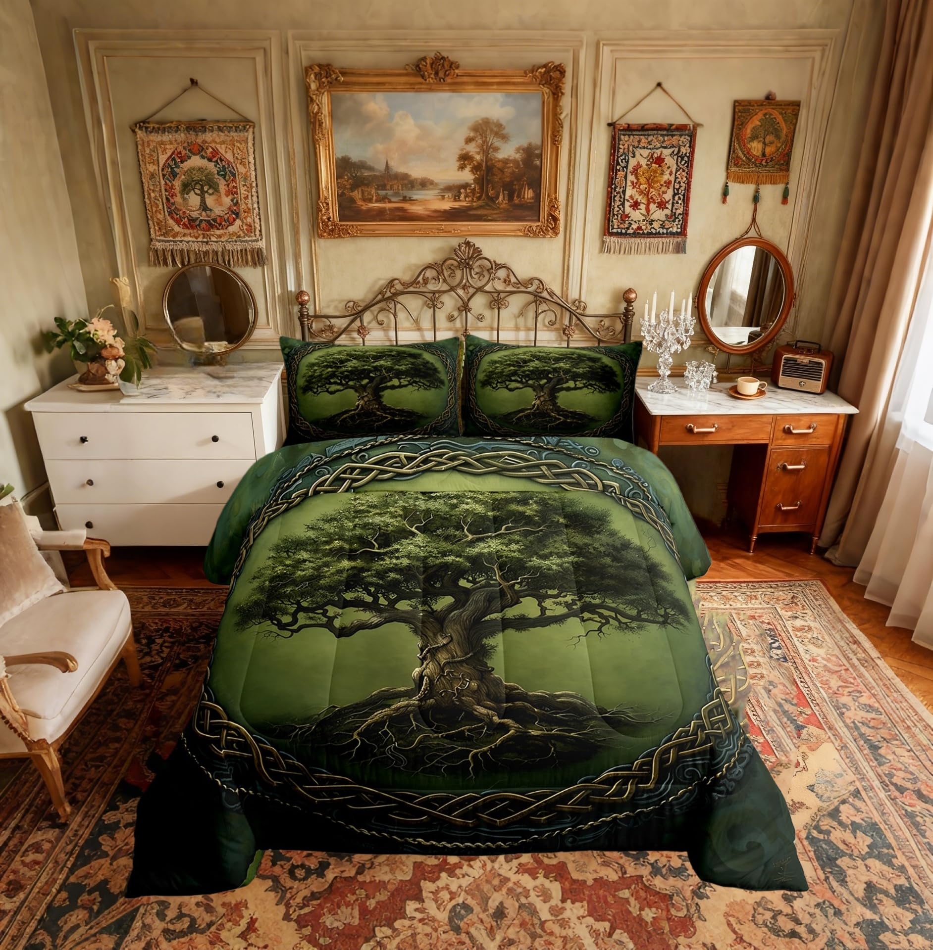 Tree of Life Adults Comforter Set,Boho Tribal Tree Branches Mystic Green Bedding Set All Season,Exotic Style Geometric Circle Mandala Comforter 3 Pcs