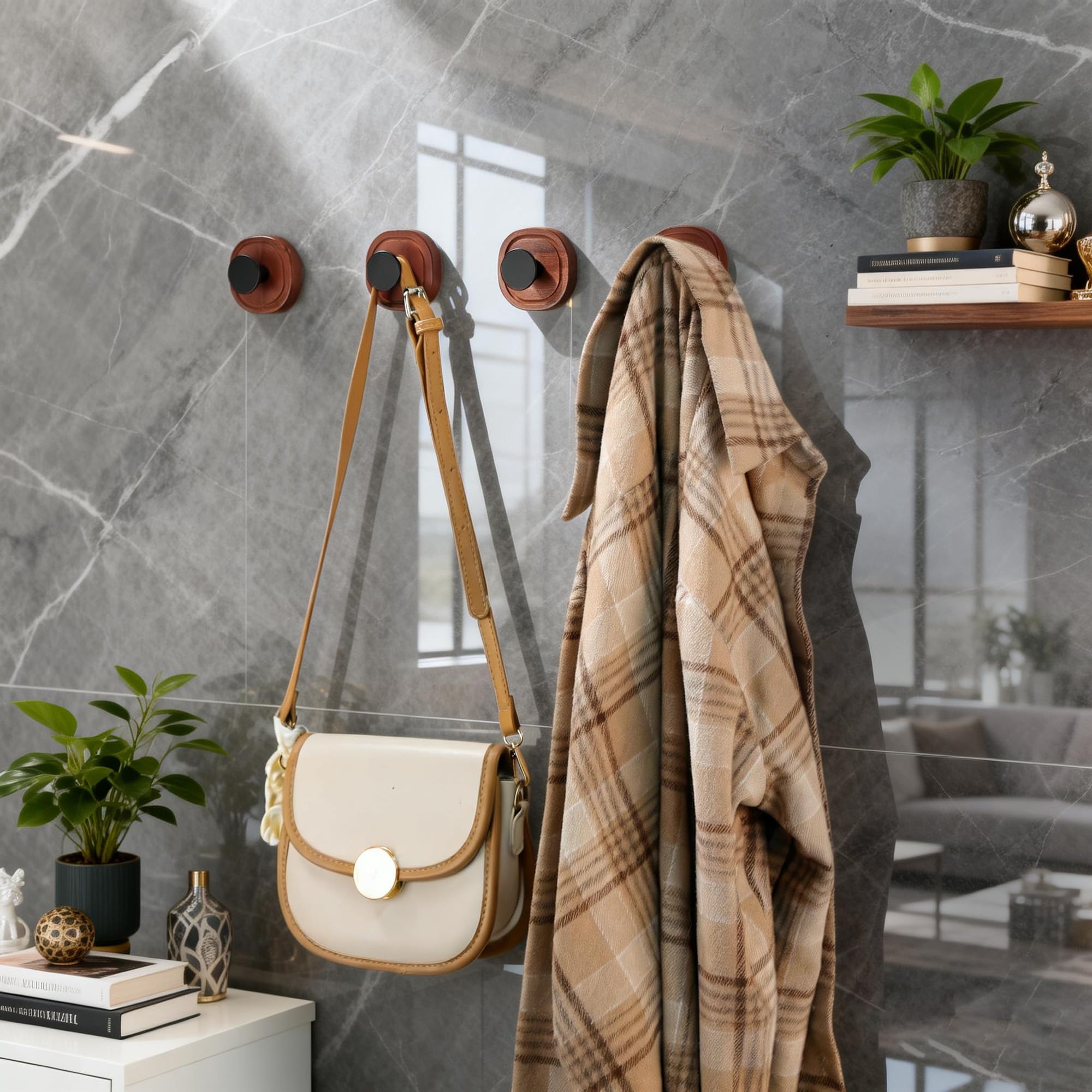 ZUNTO 4 Pezzi Ganci Ventosa Portasciugamani in Legno Gancio Appendiabiti da Parete per Bagno e Cucina