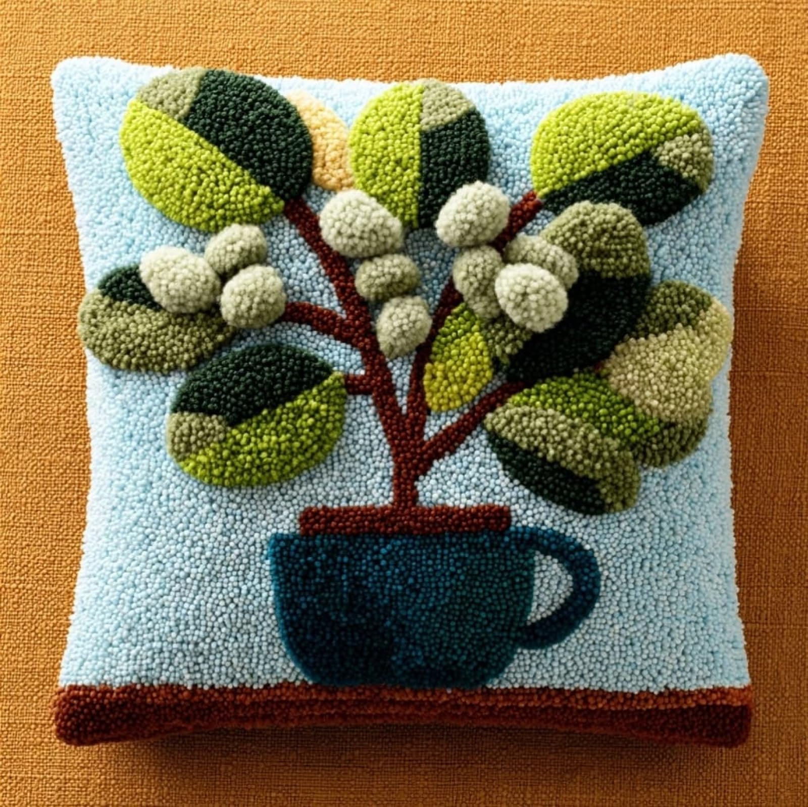 Latch Hook Craft Cushion Kit 43x43cm,Eucalyptus leaf flower pot