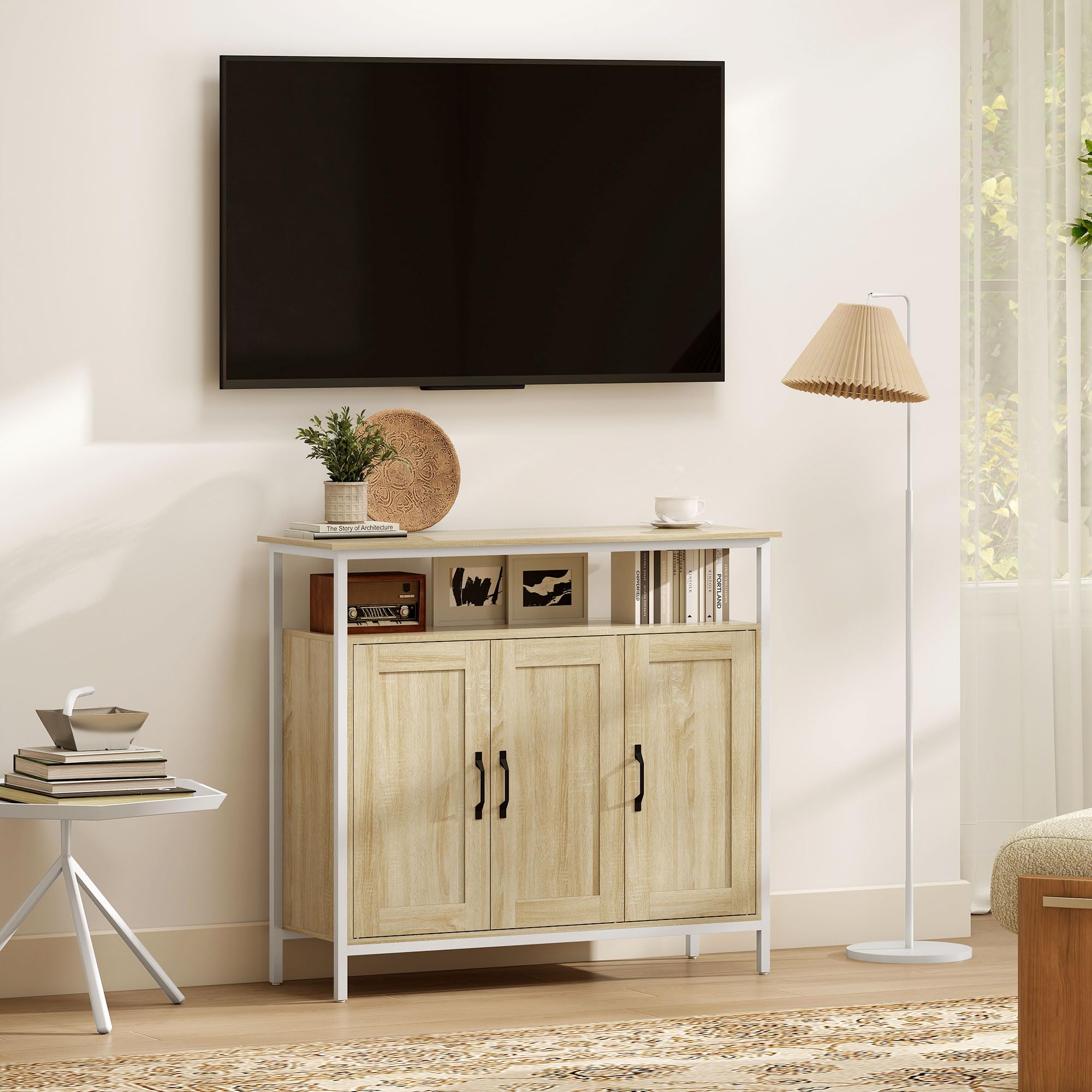 HOMCOM Buffet 3 Portes, Compartiment Ouvert, 100 x 35 x 88 cm, Bois Naturel | Meuble de Rangement, 4 Étagères Réglables, Cadre en Métal, Style Industriel, Salle à Manger, Cuisine, Salon
