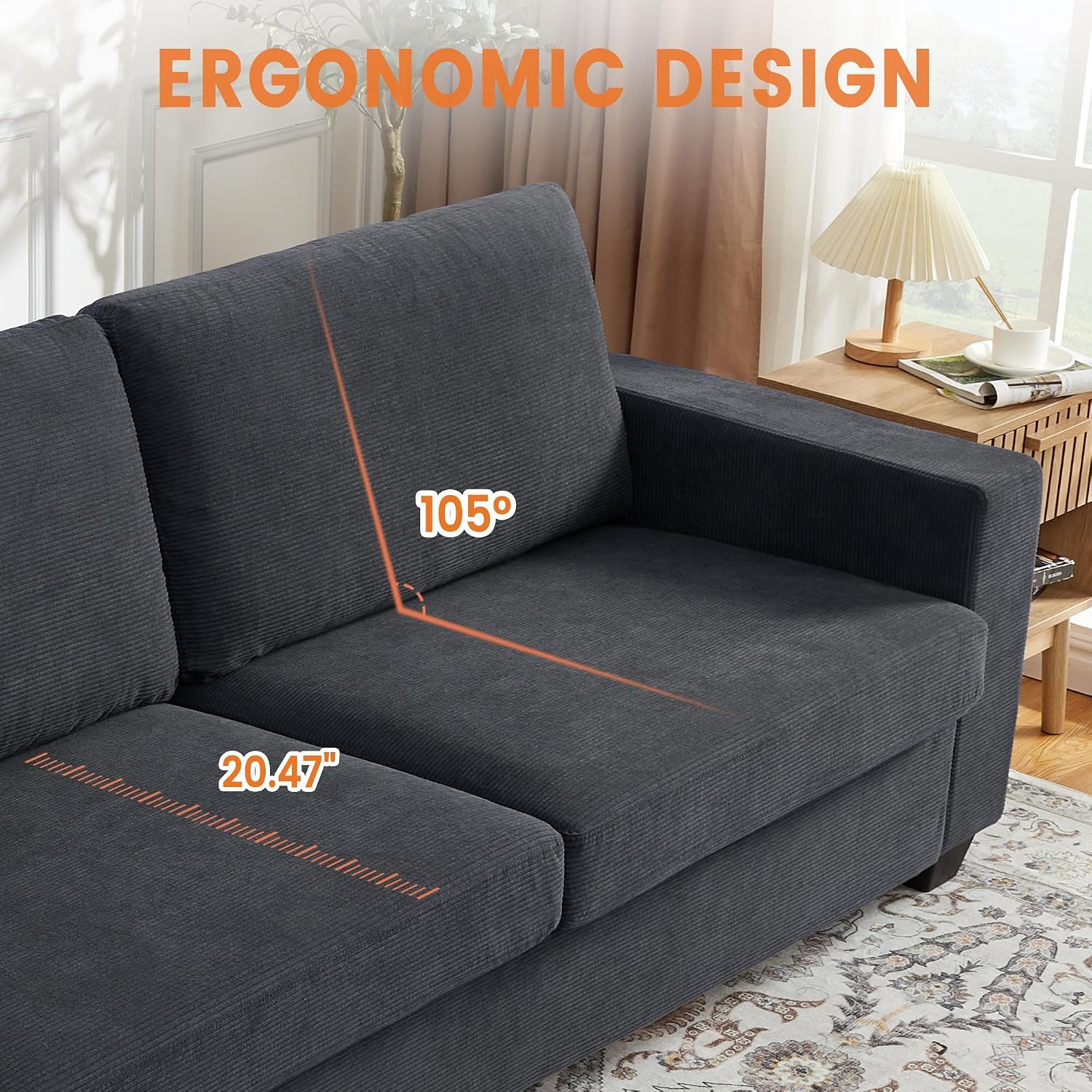 84" Corduroy Loveseat Sofa for Living Room, Modern Upholstered Sofa with Wide Armrests, Modern Plush Deep Seat Sofa Couch, Oversized Comfy 3-Seater Sofa for Living Room, Apartment, Grey