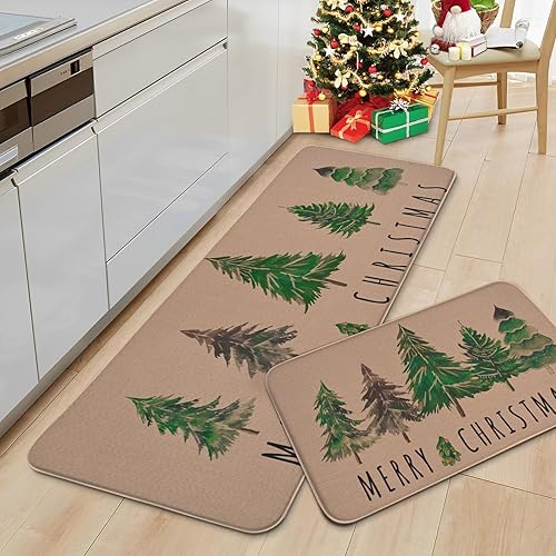 Miniatura 1 de Alishomtll Juego de 2 tapetes de cocina de Navidad, juego de 2 tapetes de cocina de invierno con árboles de Navidad, decoración de cocina para