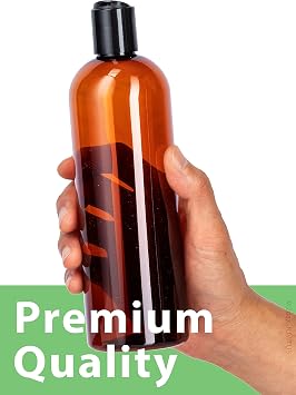 JUVITUS 16 oz / 500 ml Amber Slim PET Plastic Bottles (BPA Free) with Black Disc Cap Lid (12 pack)
