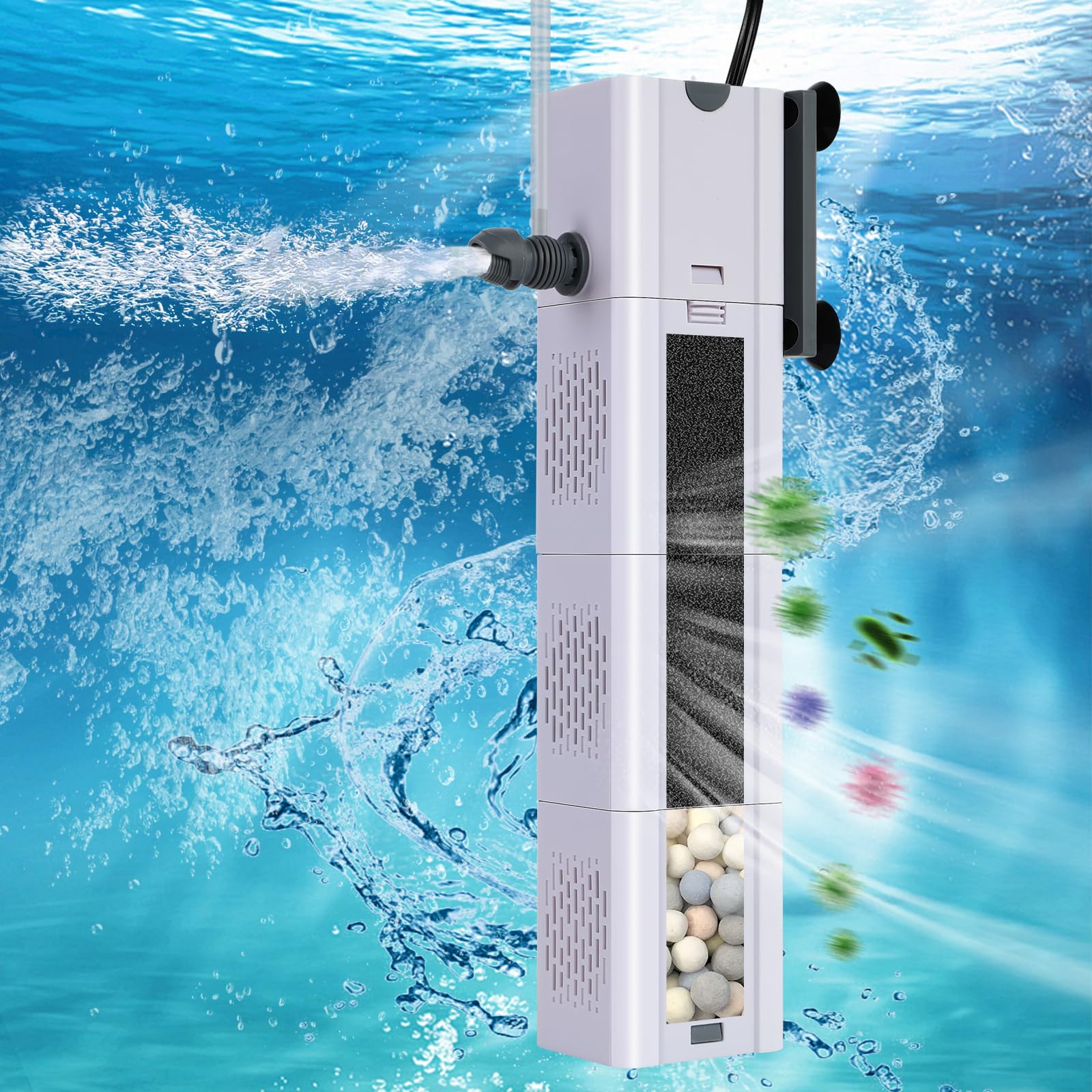 Filtro de acuario 4 en 1 de 320 GPH, filtros de tanque de peces de 60-100 galones de filtración y oxigenación, filtro para pecera con algodón bioquímico, cuentas de cerámica, filtro multifuncional