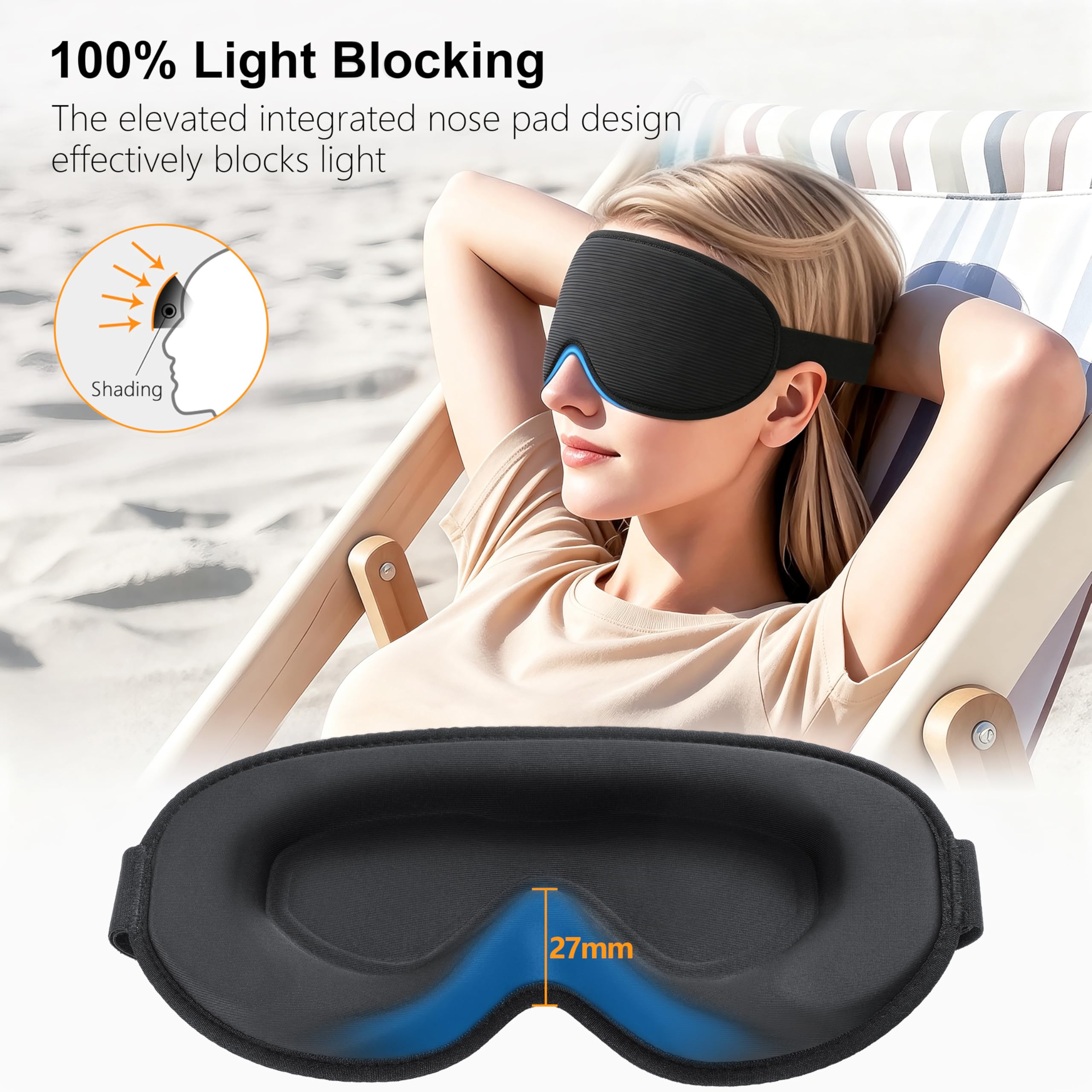 Gritin 100% Anti-Luz Antifaz para Dormir, Máscara Dormir para Mujer y Hombre, Sin Presión Ocular para Durmientes de Lado - con Correa Ajustable y Tapones, Ultrasuave y Cómodo para Dormir, Viajar