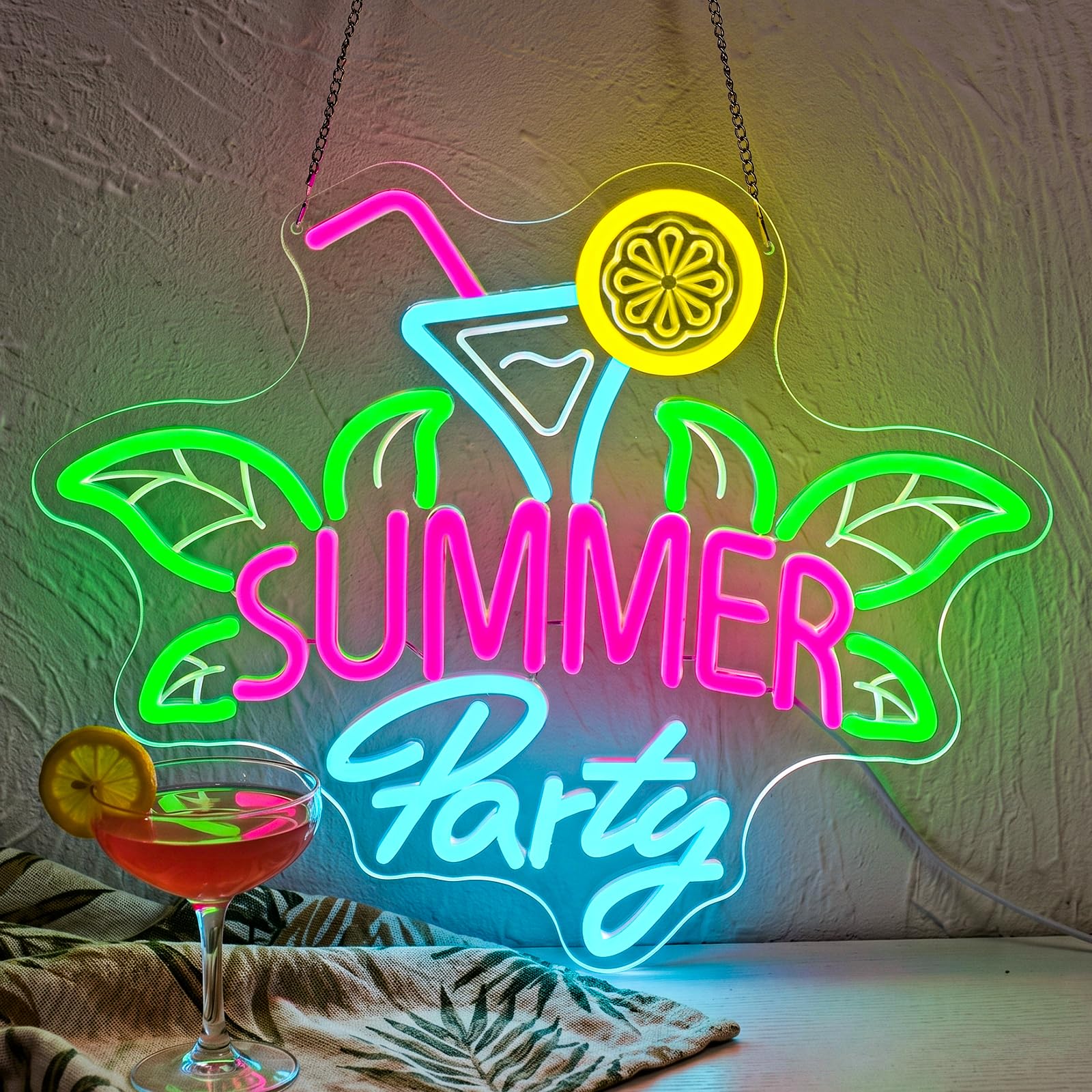 Sommerparty Neon Schild für Wanddeko, Martiniglas mit Strohhalm, Zitronenscheibe und Tropische Blätter LED Leuchtreklame für Cocktailbars,Poolpartys, Sommerfeste, Strandurlaube(Sommerparty)