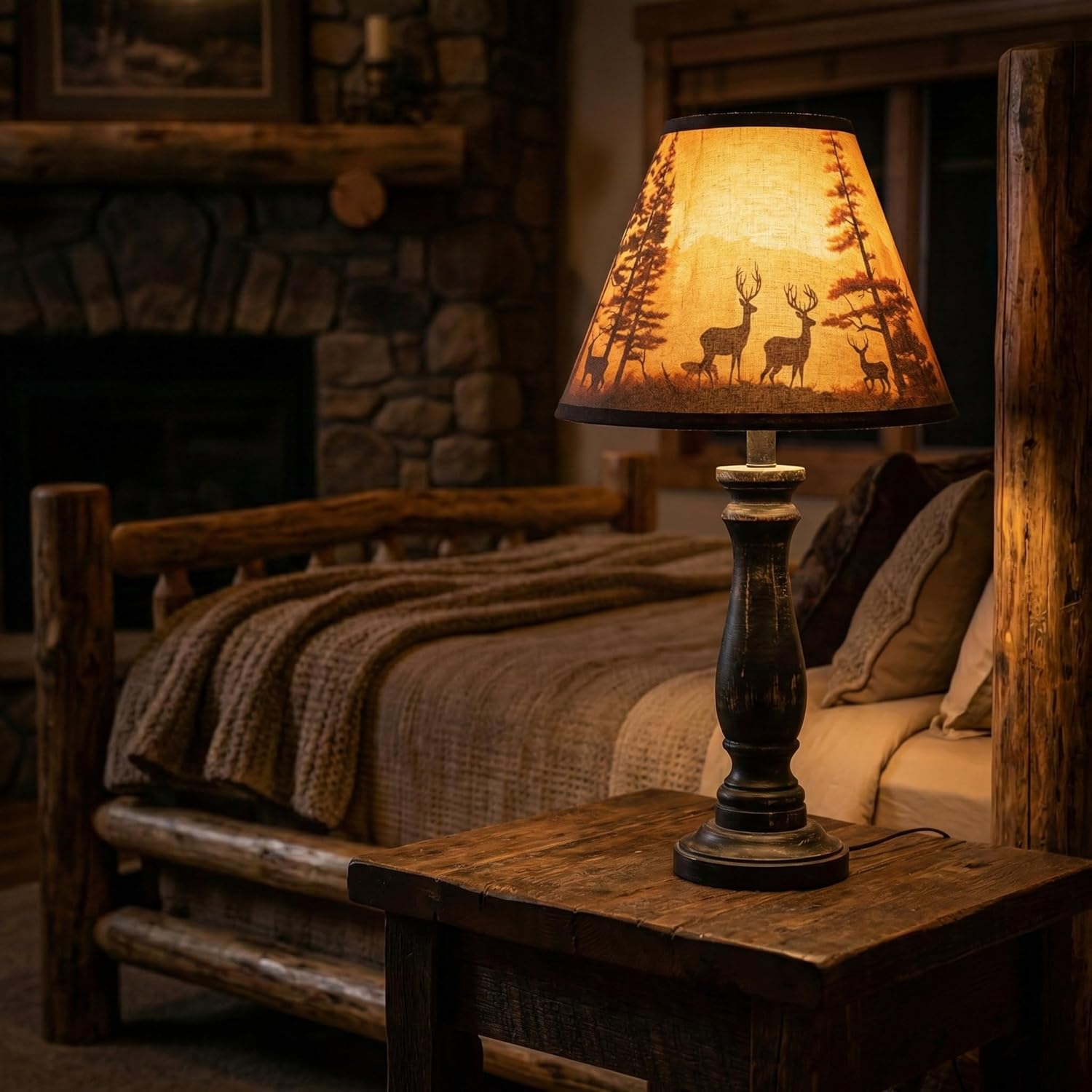 Rustic Deer Printed Empire Lamp Shades Set of 2, 6"x13"x10" Medium Brown Lampshades for Country Cabin Decor, Spider Fitter Lamp Shades Replacement for Table Lamps, Easy Assembly