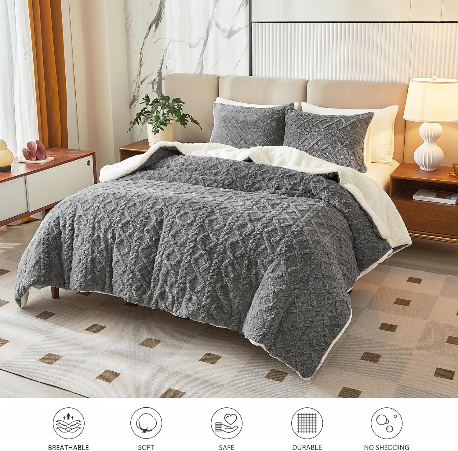 Joyreap 3-Piece Fluffy Faux Fur Sherpa Comforter Set Gray, Queen Size Luxury Tufted Bedding Comforter Set, All Season Soft n Cozy Plush Comforter Bed Set- 88x88 inches - Image 2
