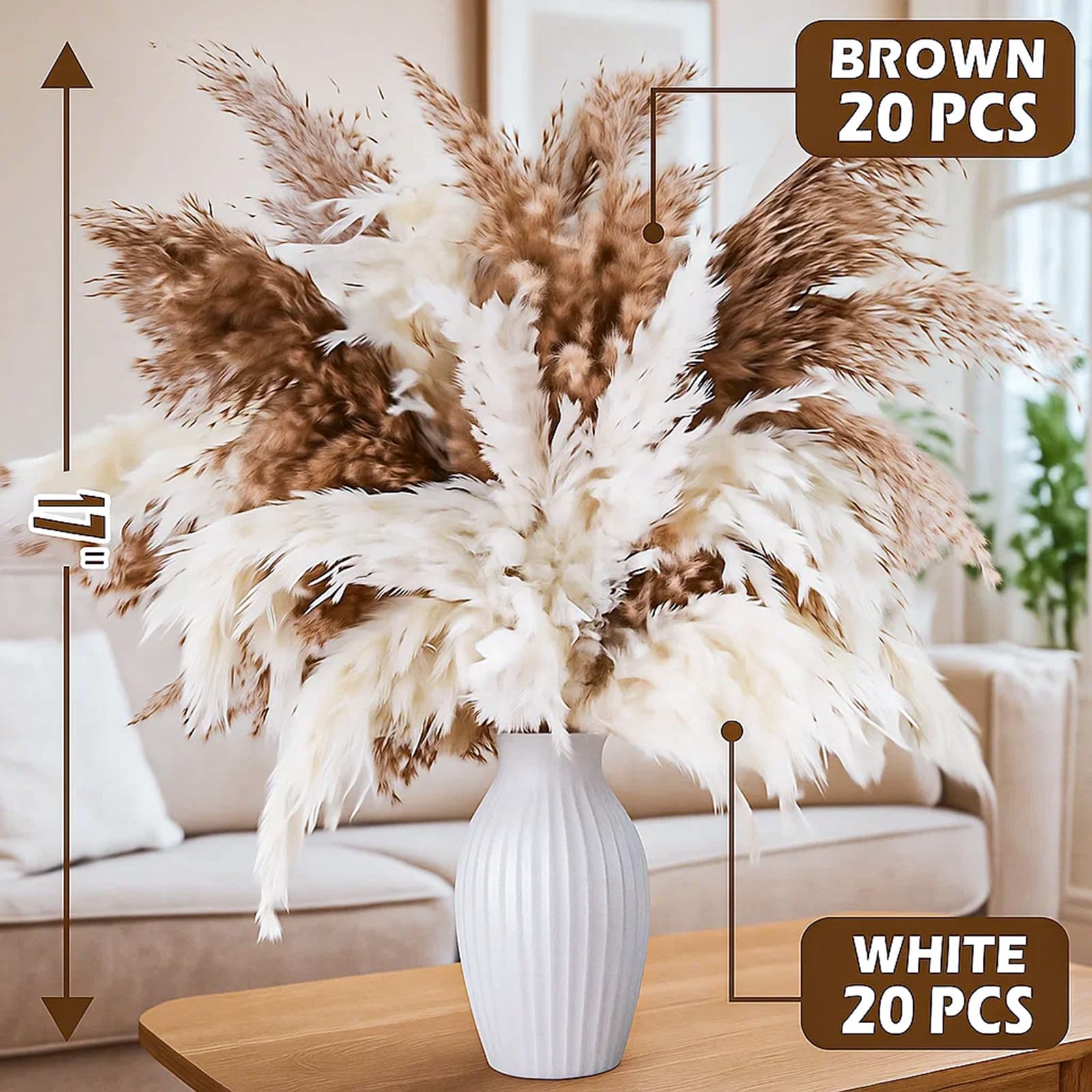 Pampasgras-Dekoration, 43,2 cm, 20 weiße und 20 braune getrocknete Pampasgrasstiele, flauschiges Pompasgras für Boho-Dekor, Hochzeit, Babyparty, Couchtisch und Blumenarrangements, 40 Stück