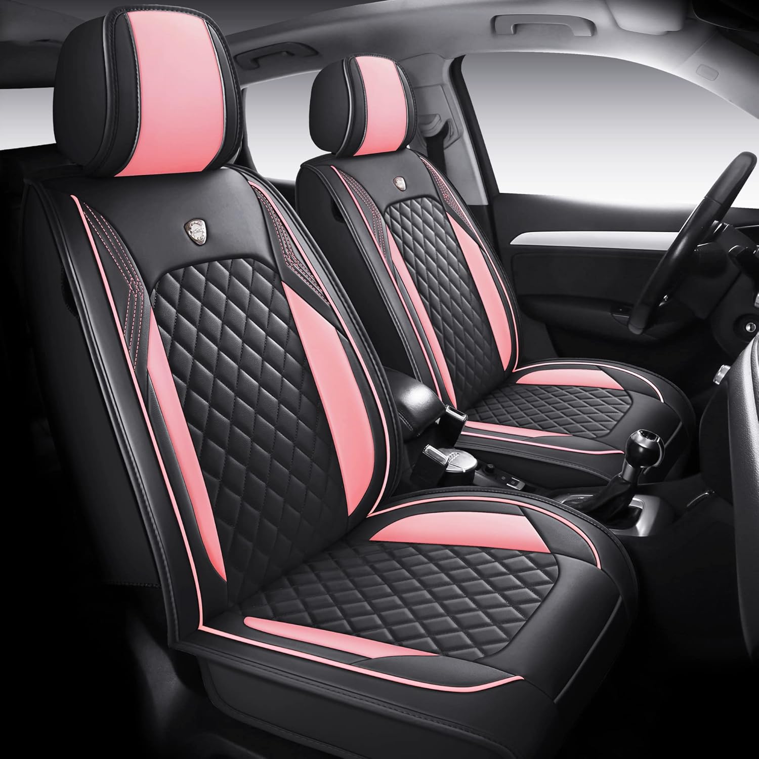 NYPKLO01 Leather Car Seat Covers Vehicle Cushion Cover for 5 Passenger Cars & SUV Universal Fit Set for Auto Interior Accessories Airbags Compatible with Synthetic Leather (Black and Pink)