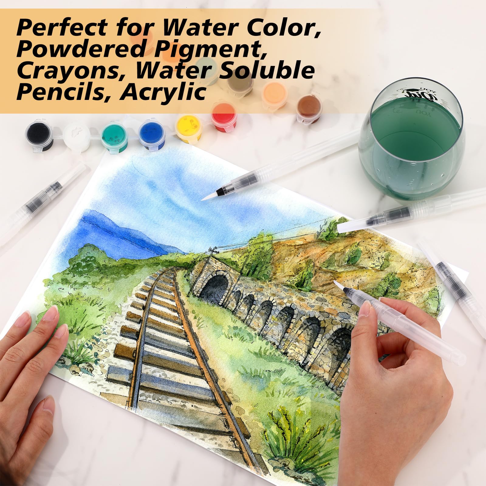AmazingSpark Lot de 60 stylos pinceaux à eau, 3 tailles pointues pour aquarelle, stylos de dessin à l'eau avec sac en velours pour peinture