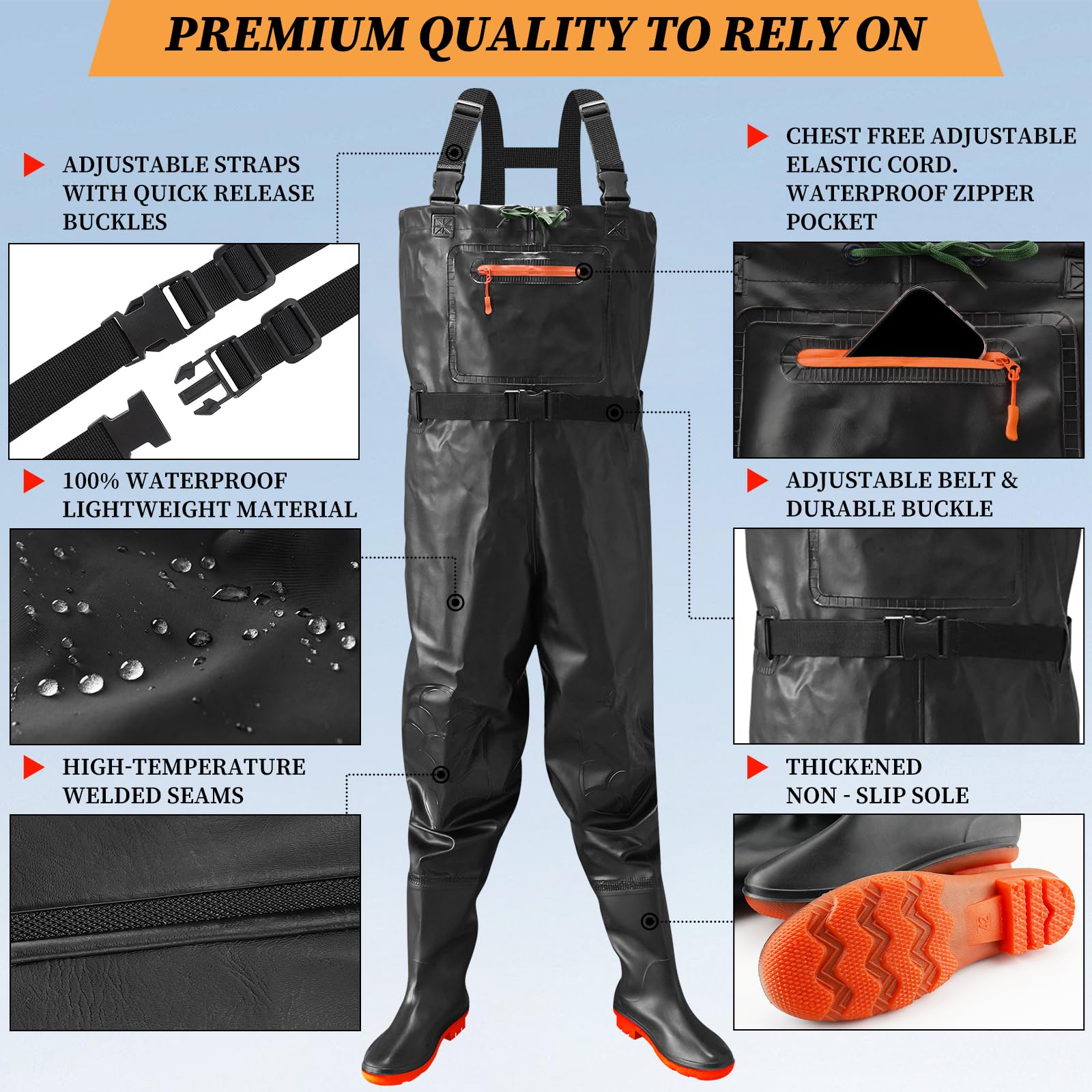 Eiito Vadeadores para Hombre y Mujer, Pantalones de Pesca Impermeables con Botas, Pantalones de vadeo con Correa Ajustable, Transpirables e Impermeables para Obras, Pesca, Granjas