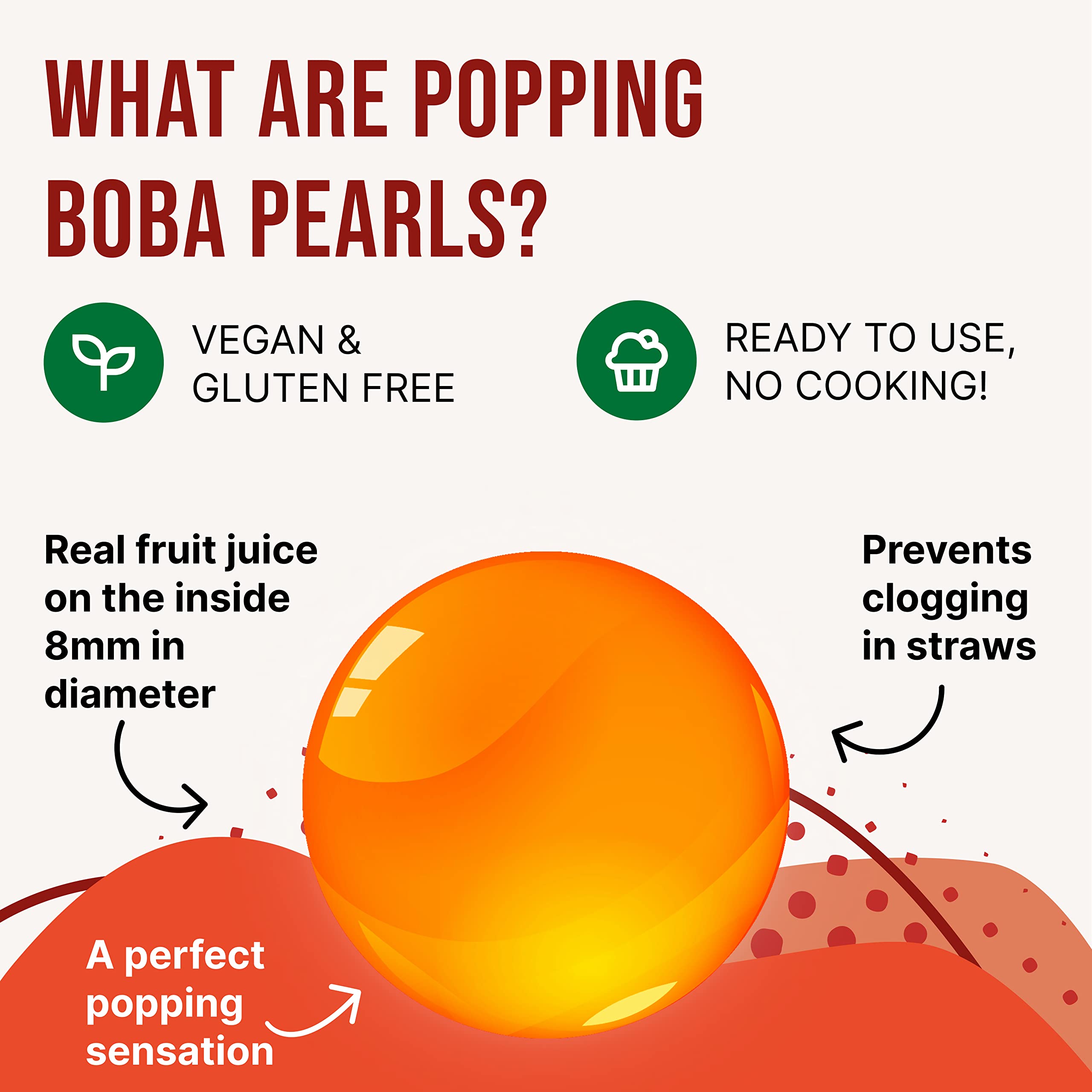INSPIRE FOOD Set de Perlas de Bubble Tea - Mango Popping Boba 450g, Jarabe de Fresa 300ml, 2 Sorbetes