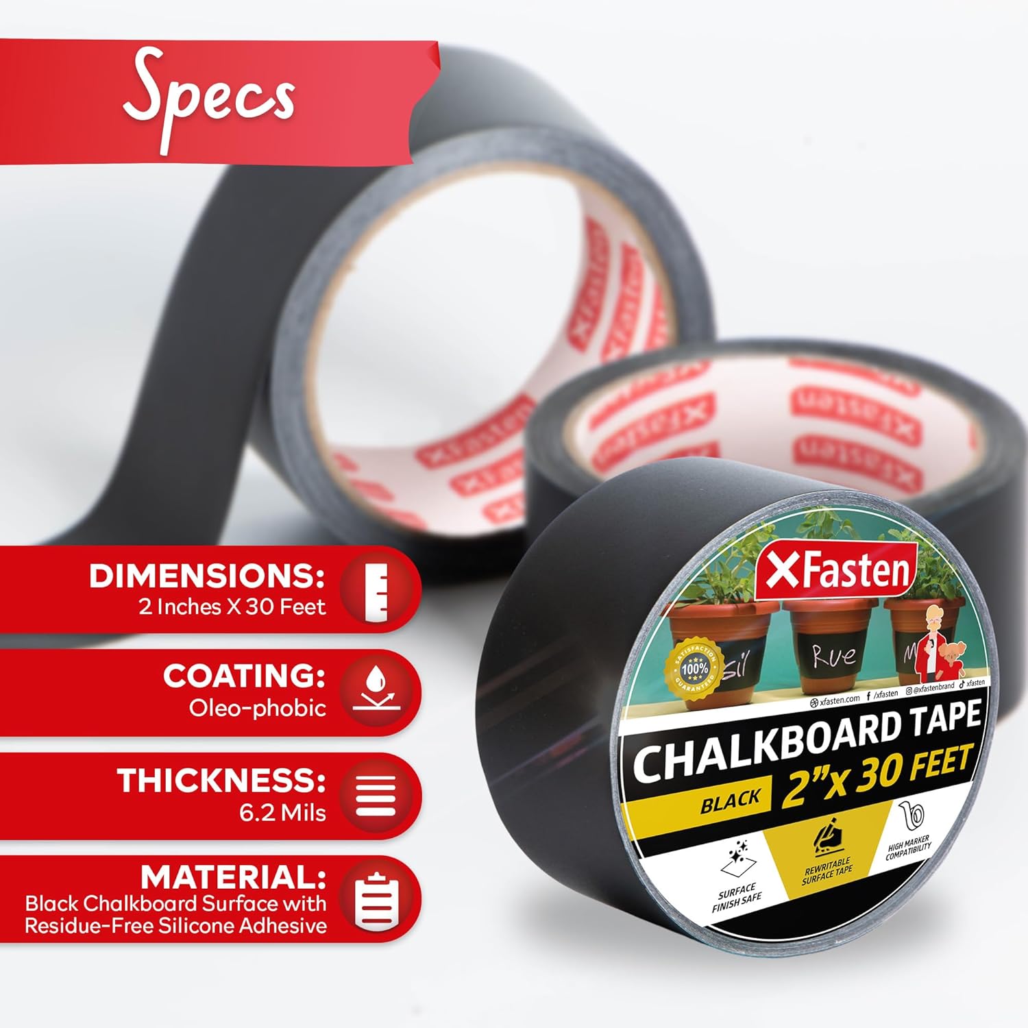 XFasten Black Chalkboard Tape Removable, 2-Inch x 30-Foot, Black, Smudge Resistant Sticky Chalkboard Label Duct Tape (Pack of 3)
