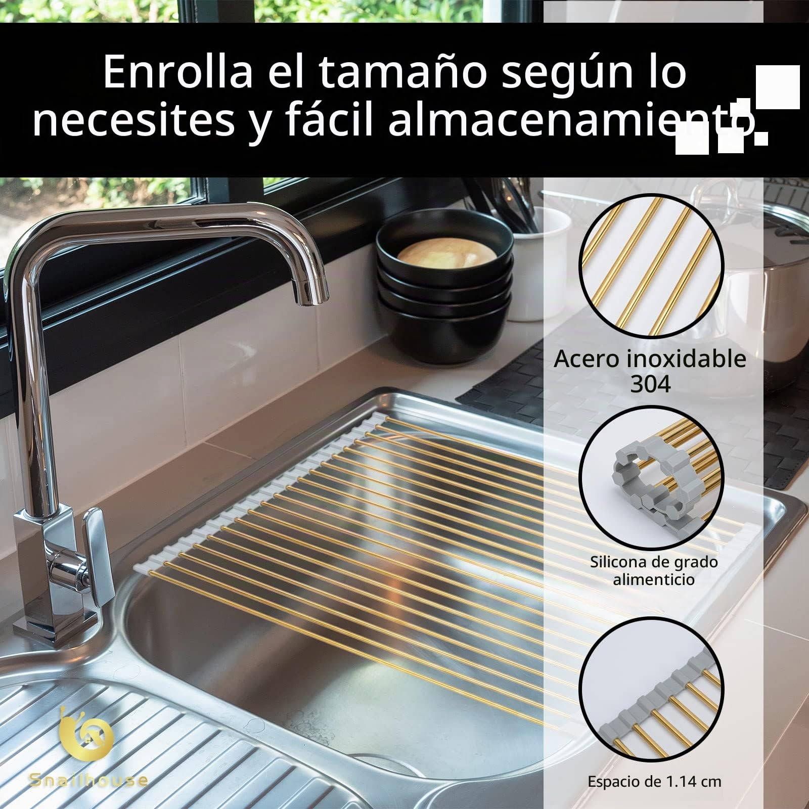 Snailhouse Escurreplatos enrollable, escurridor de platos de acero inoxidable sobre el fregadero con silicona antideslizante para encimera de cocina, dorado (17.8 x 11.8 pulgadas) | Escurreplatos de acero inoxidable sobre el fregadero con silicona antides