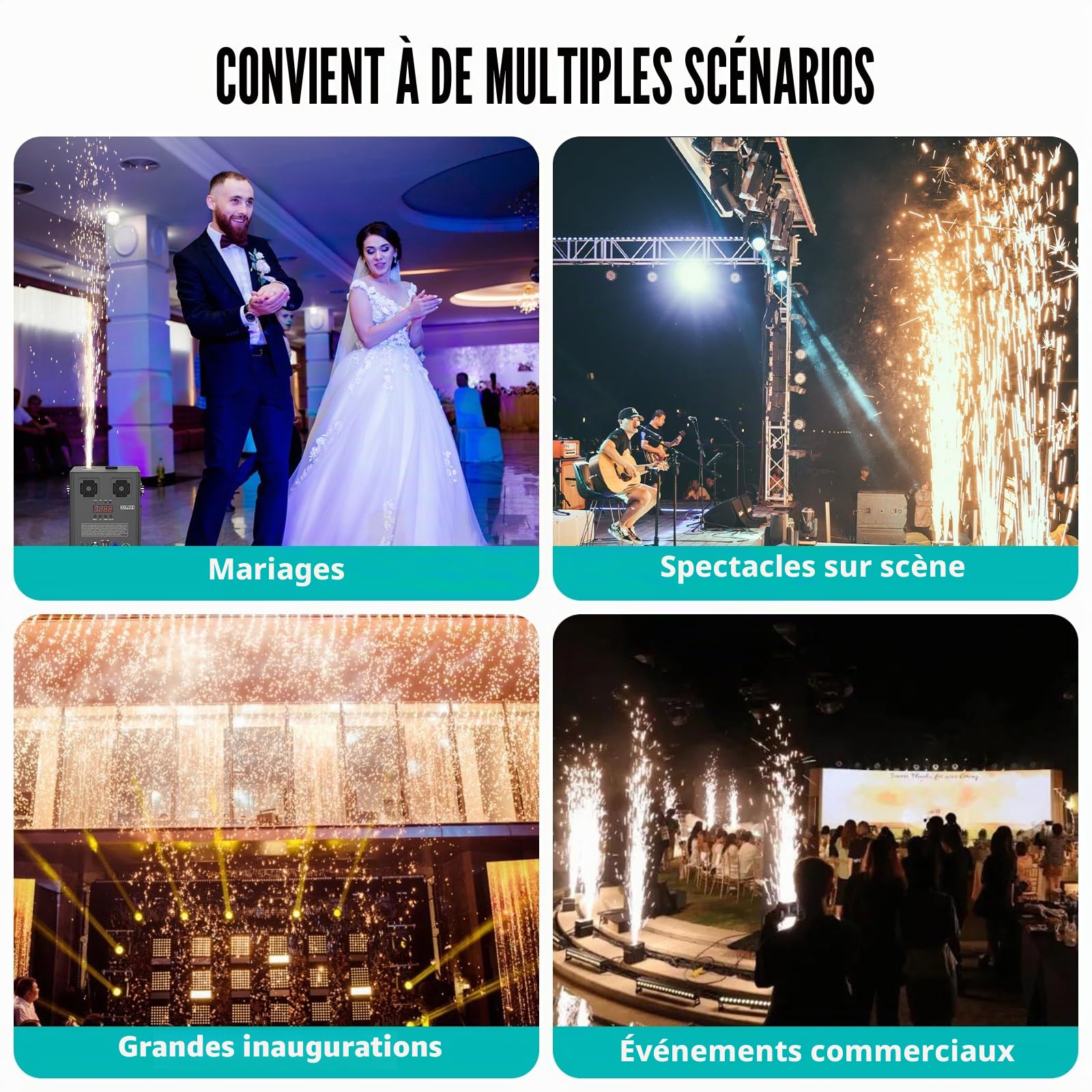 1000W Noirs Machine à Étincelles à Froid, Machines à Effets Spéciaux avec d-mx512 Télécommande Sans fil Machines Pyrotechniques pour Mariage Bar Scène Fête Halloween Noël Mariages