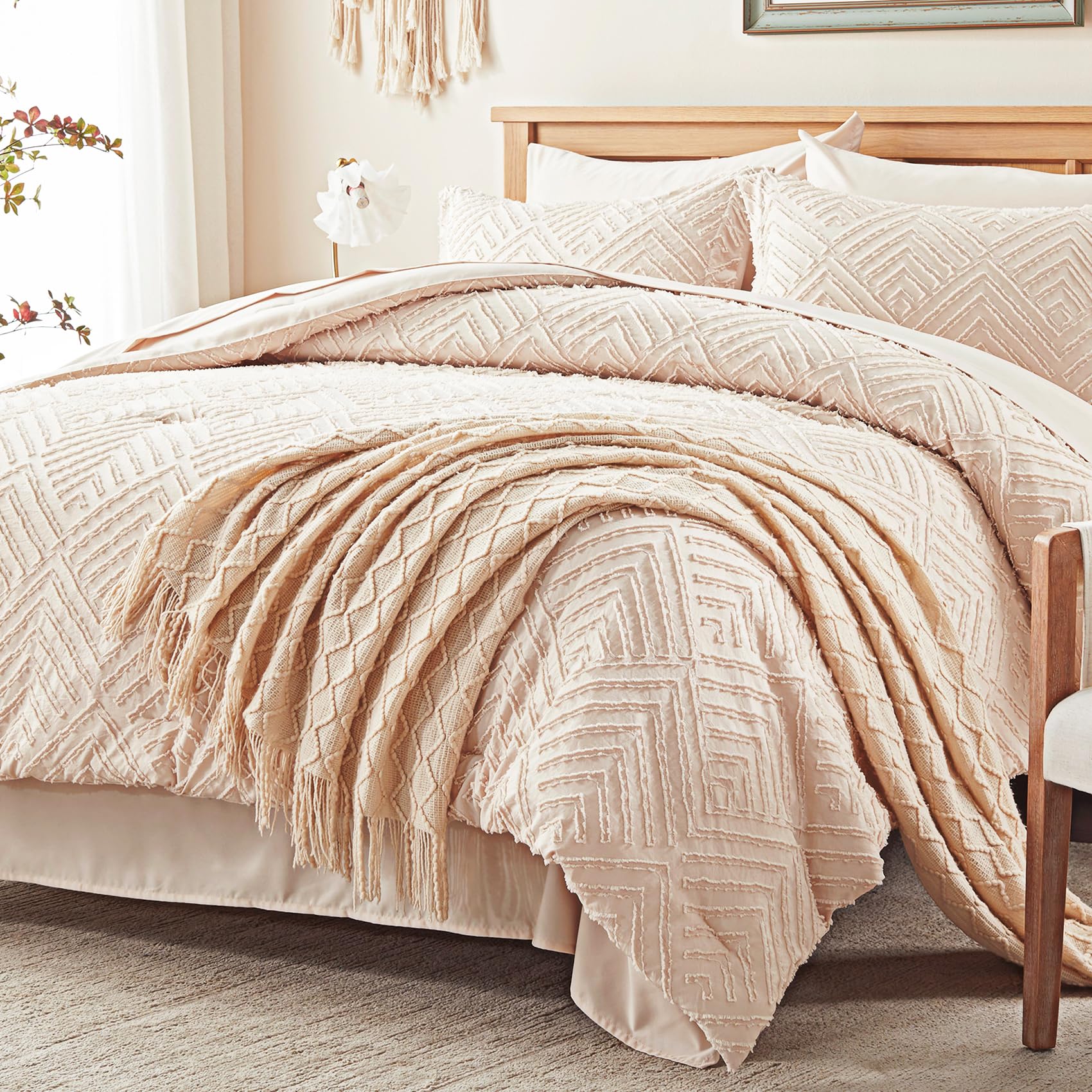 Zzlpp Full Comforter Set 7 Pieces, Beige Tufted Bed in a Bag with Comforter and Sheets, All Season Boho Bedding Sets with 1 Comforter, 2 Pillow Shams, 2 Pillowcases, 1 Flat Sheet, 1 Fitted SheetOEKO-TEX STANDARD 100