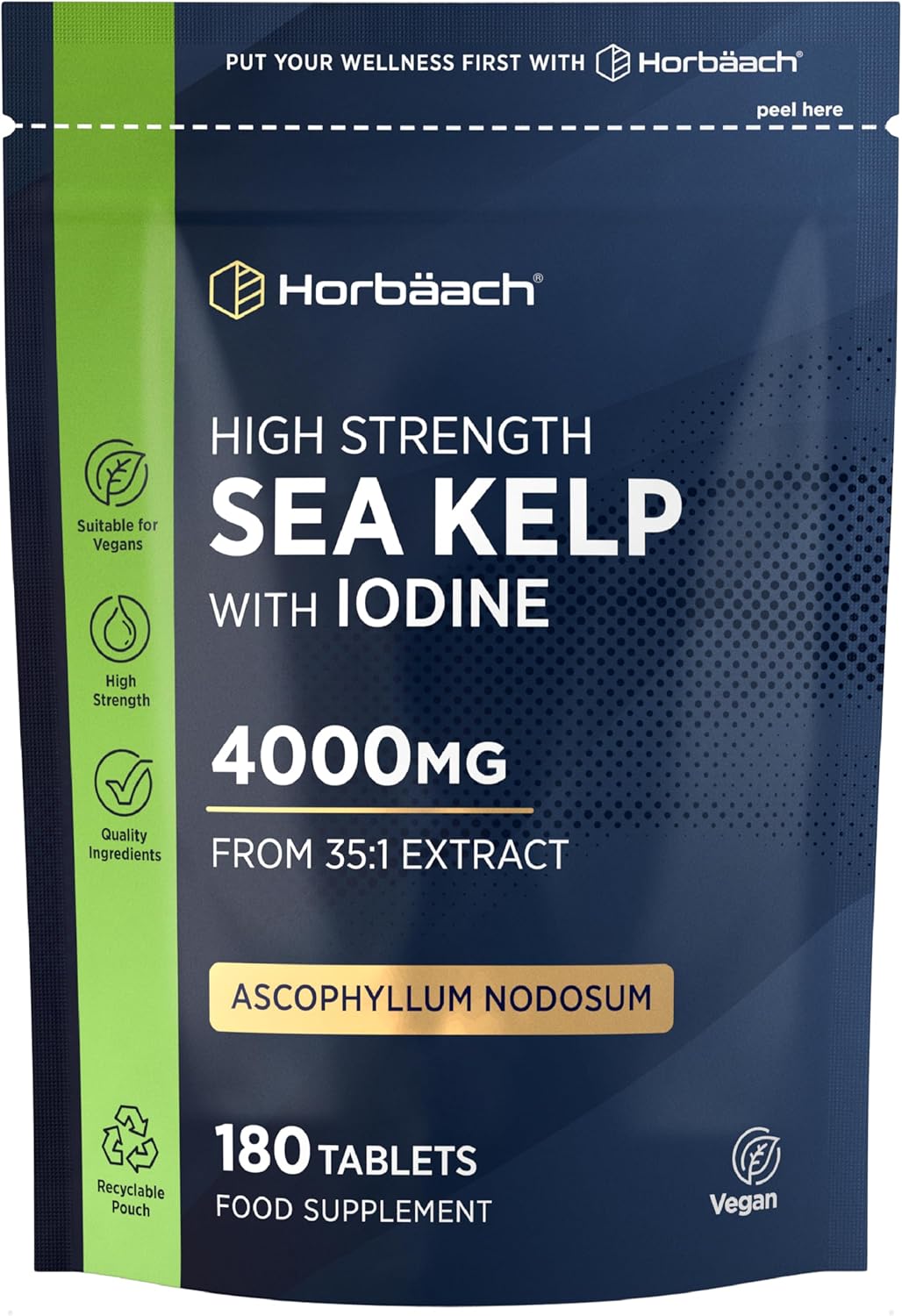 Sea Kelp Tablets 4000mg | Natural Source of Iodine | 3 Months Supply | High Strength Kelp Extract | 180 Vegan Tablets | by Horbaach