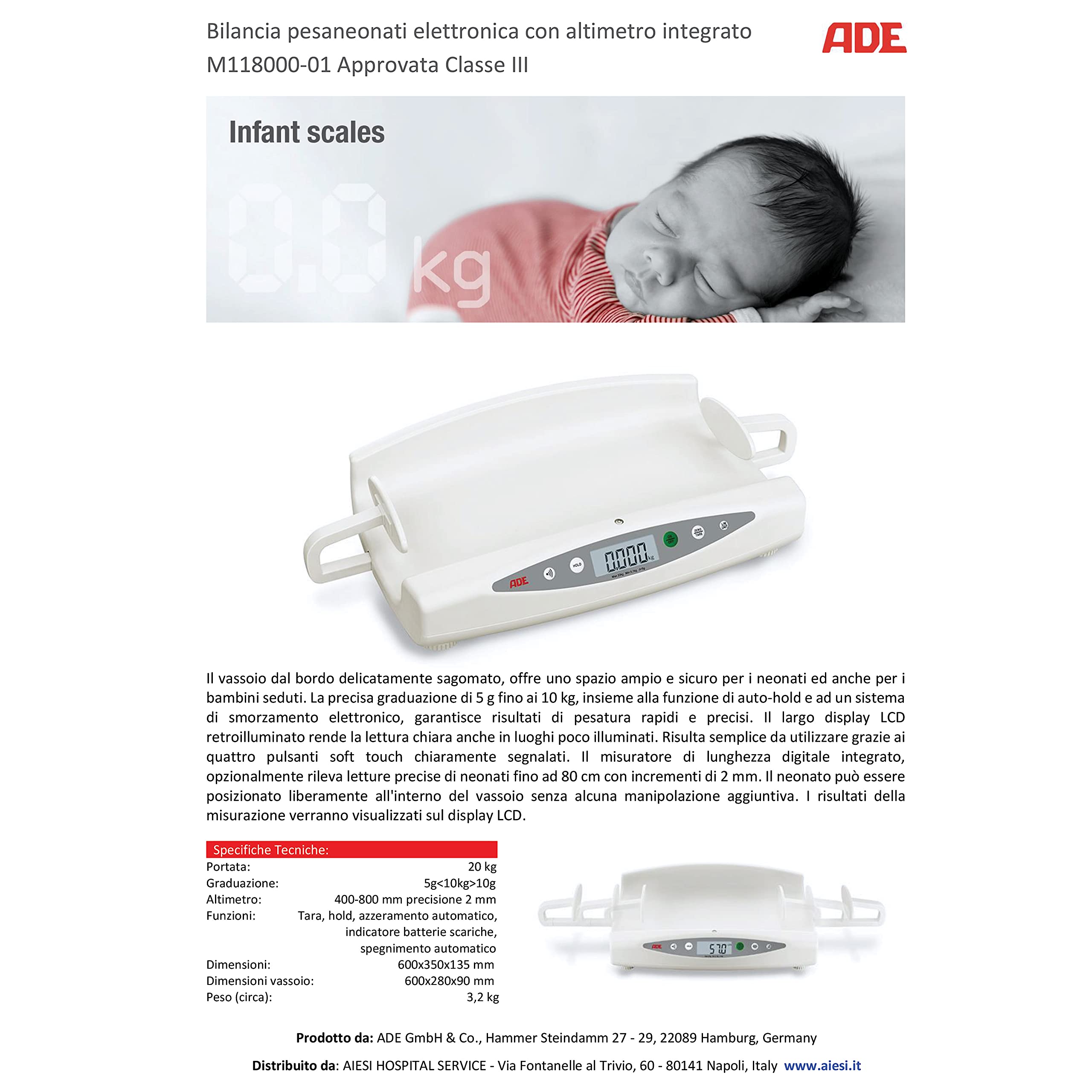 ADE M118000-01 Bilancia Pesaneonati Professionale digitale con altimetro integrato 20 kg Classe III, Garanzia Italia 24 mesi