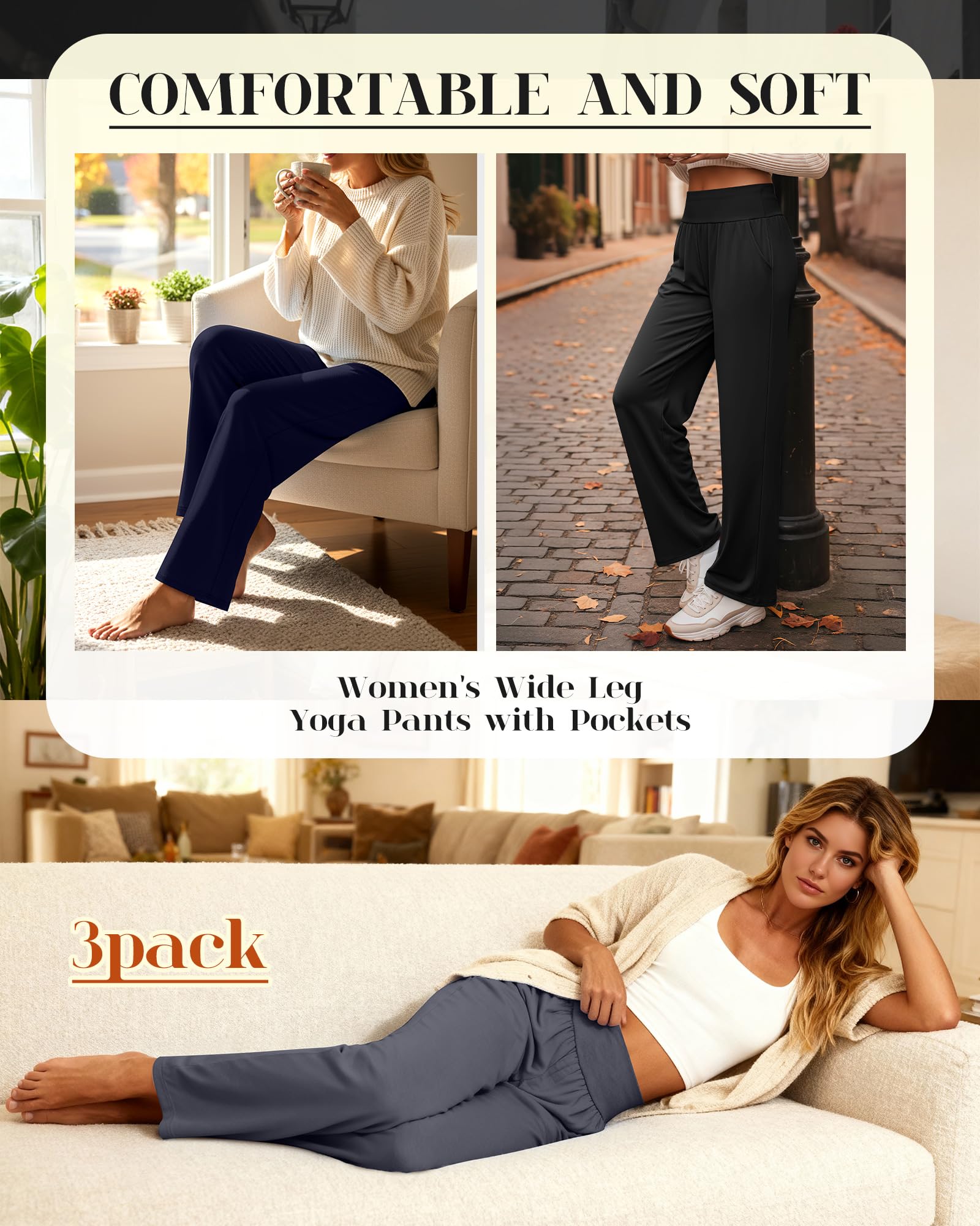 Neer Lot de 3 pantalons de yoga et de détente à jambe large pour femme, confortables et avec poches, pantalon de survêtement extensible à taille élastique, X-Large
