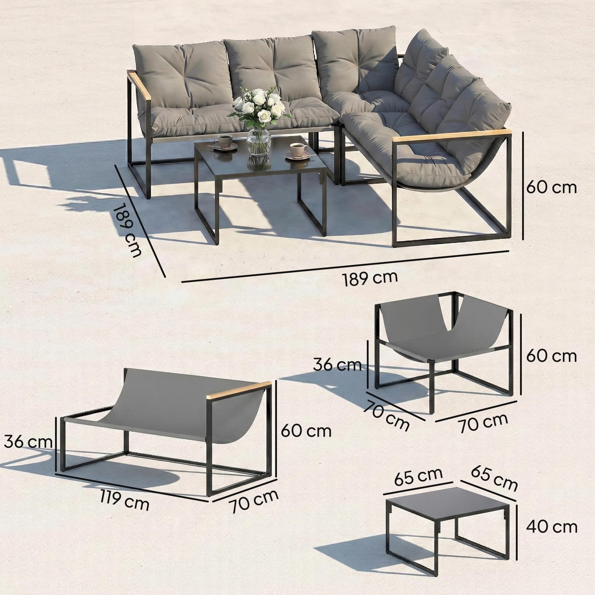 Outsunny Conjunto de Muebles Jardín Exterior de 4 Piezas Forma L Gris | Sofá Seccional Resistente, Cojines Gruesos, Sofá de Esquina, 2 Sillones de 2 Plazas, Mesa Centro Vidrio Templado