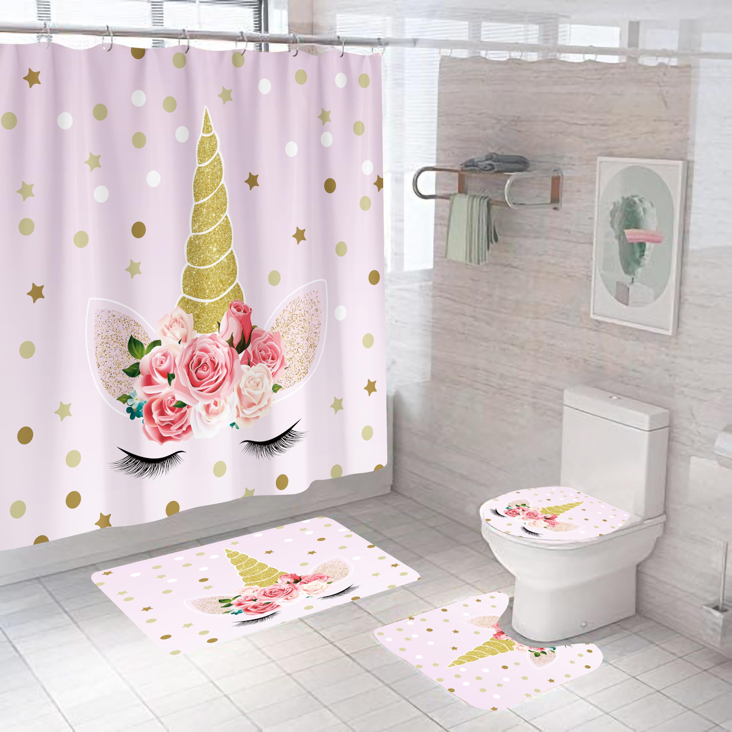 Badematten & Badteppiche Set 4 Teilig Badezimmerteppich Waschbar Badematte rutschfest,Wc Vorleger Mit Ausschnitt Badematte Und Duschvorhang,Badvorleger Toilette Teppich 50×80Cm Einhorn