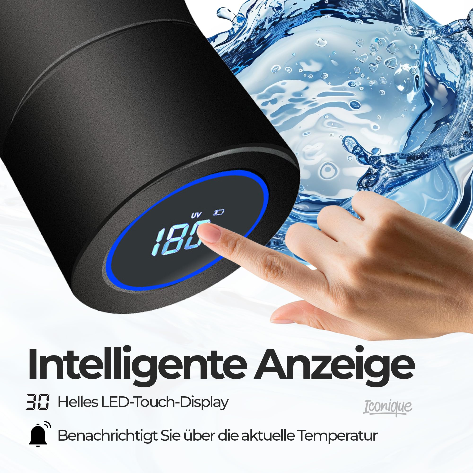 Ikonische Edelstahl-Trinkflasche Mit Uv-Filter | 500ml | Schwarz | Selbstreinigender Wasserfilter, Deckel Mit Led-Temperaturanzeige, Trink-Erinnerungsfunktion