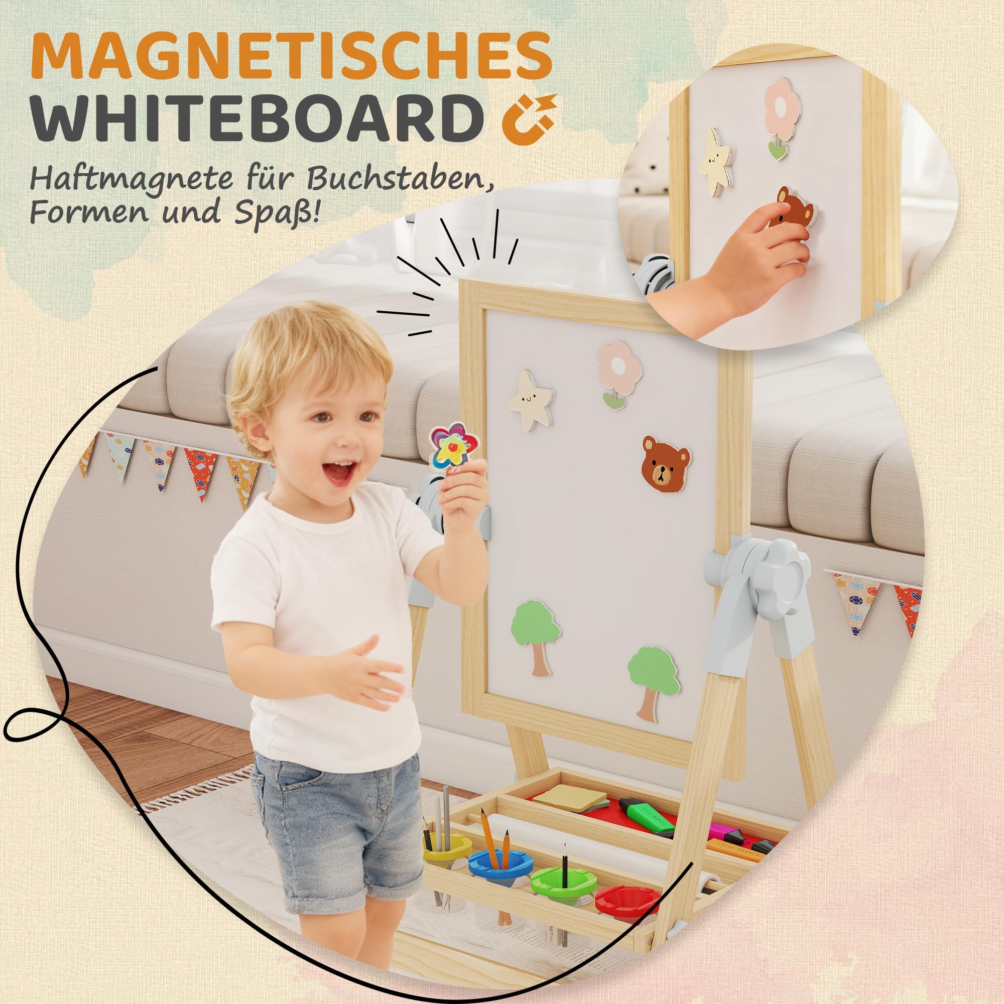 AIYAPLAY Kinder Staffelei aus Holz, Kindertafel Doppelseitige Whiteboard und Tafel Höhenverstellbar Magnetische Standtafel mit Papierrolle, Ablage, für Kinder Jungen & Mädchen 3-6 Jahre