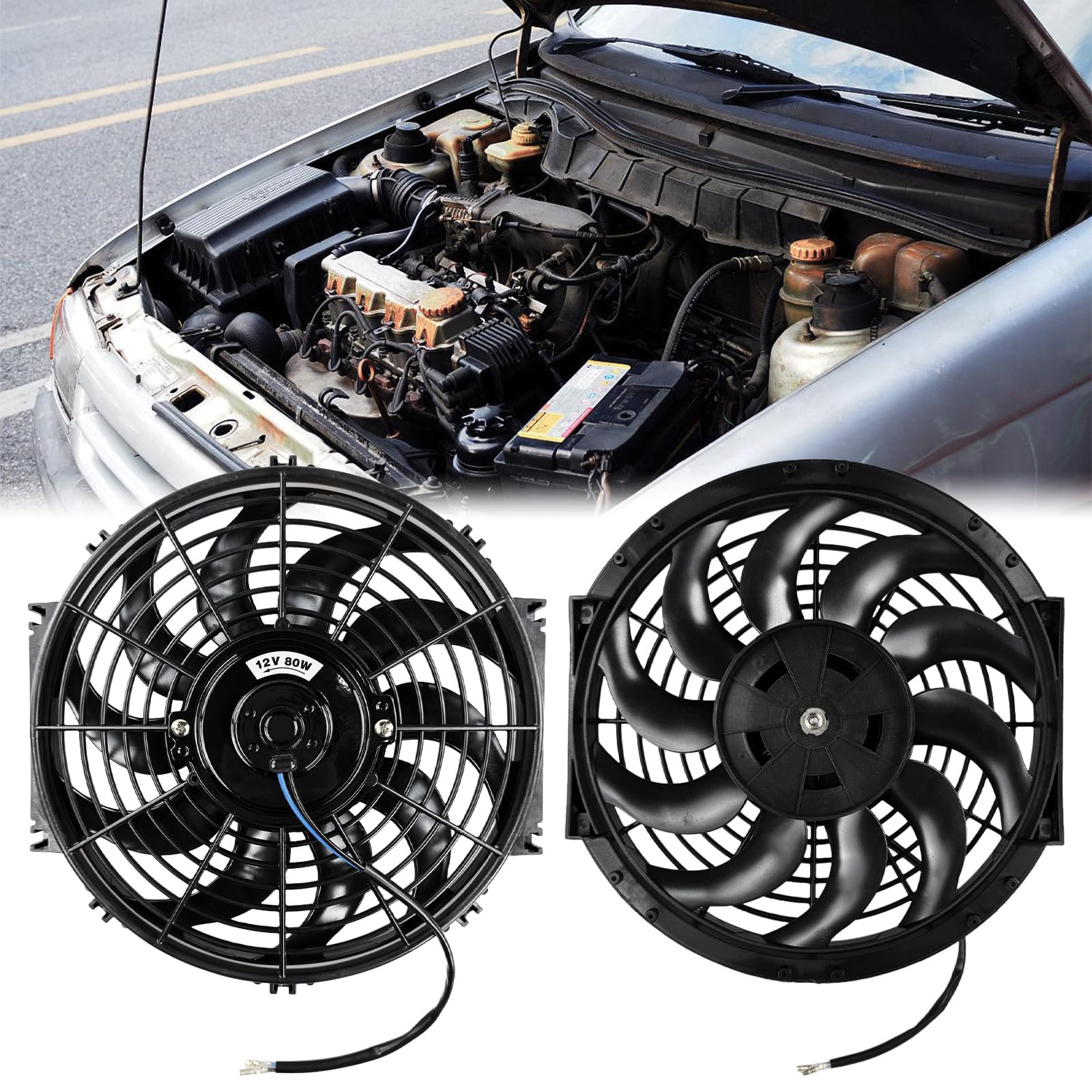 Ventola di raffreddamento universale da 12 pollici, 80 W, ventola elettrica con kit di montaggio, ventola sottile, ventola di raffreddamento per auto, camion