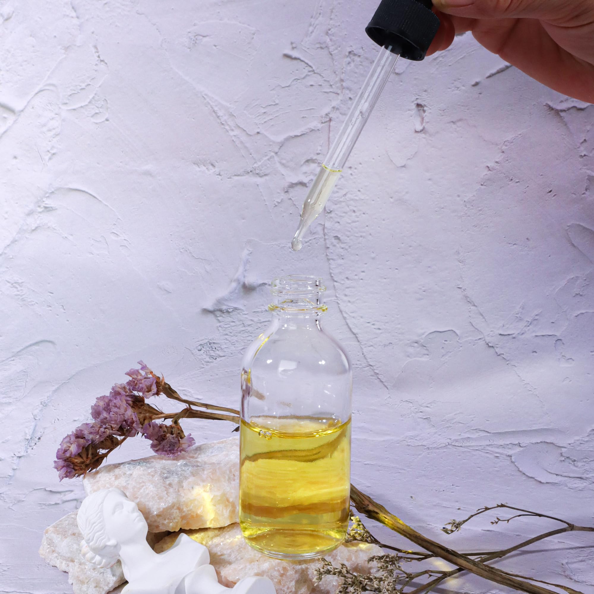 Transparente Glasflaschen mit Glasaugentropfen für ätherische Öle, Parfüms und Laborchemikalien (Bürste, Trichter, 2 zusätzliche Pipetten, 54 Etiketten und 30 ml Messbecher, 57 ml, 48 Stück
