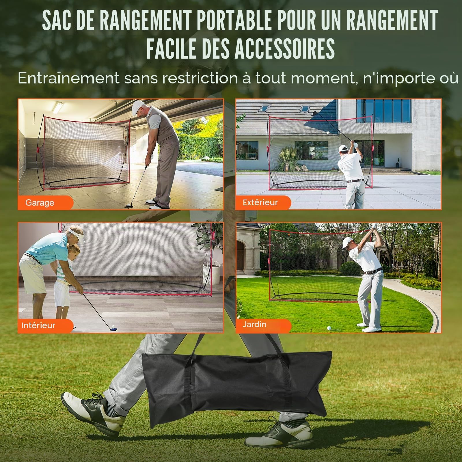 VEVOR Filet d'Entraînement au Golf 329x217 cm, Filet de Frappe de Golf pour Extérieur Intérieur, avec Cadre en Fibre de Verre Solide et Sac de Transport, Matériels d’Entraînement pour Amateurs de Golf
