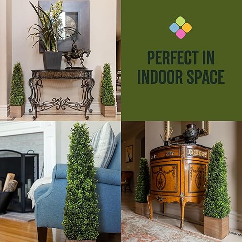 Miniatura 6 de Season's Need - Árbol topiario artificial de boj de 2.8 pies, 34 pulgadas de alto, con macetas de madera para decoración de porche al aire libre e