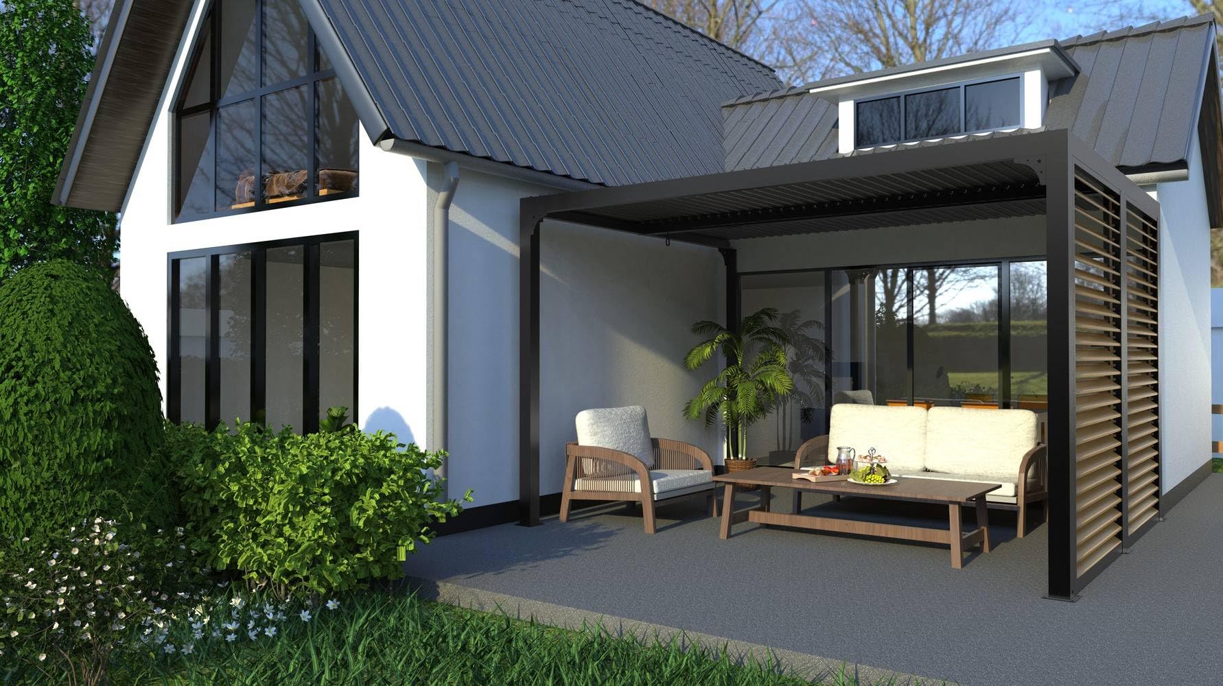 Pergola bioclimatique Habrita Foresta PER3630VBBI 10,80m2 Gris Anthracite avec ventelles latérales alu Mobiles Imitation Bois pour côté 3m