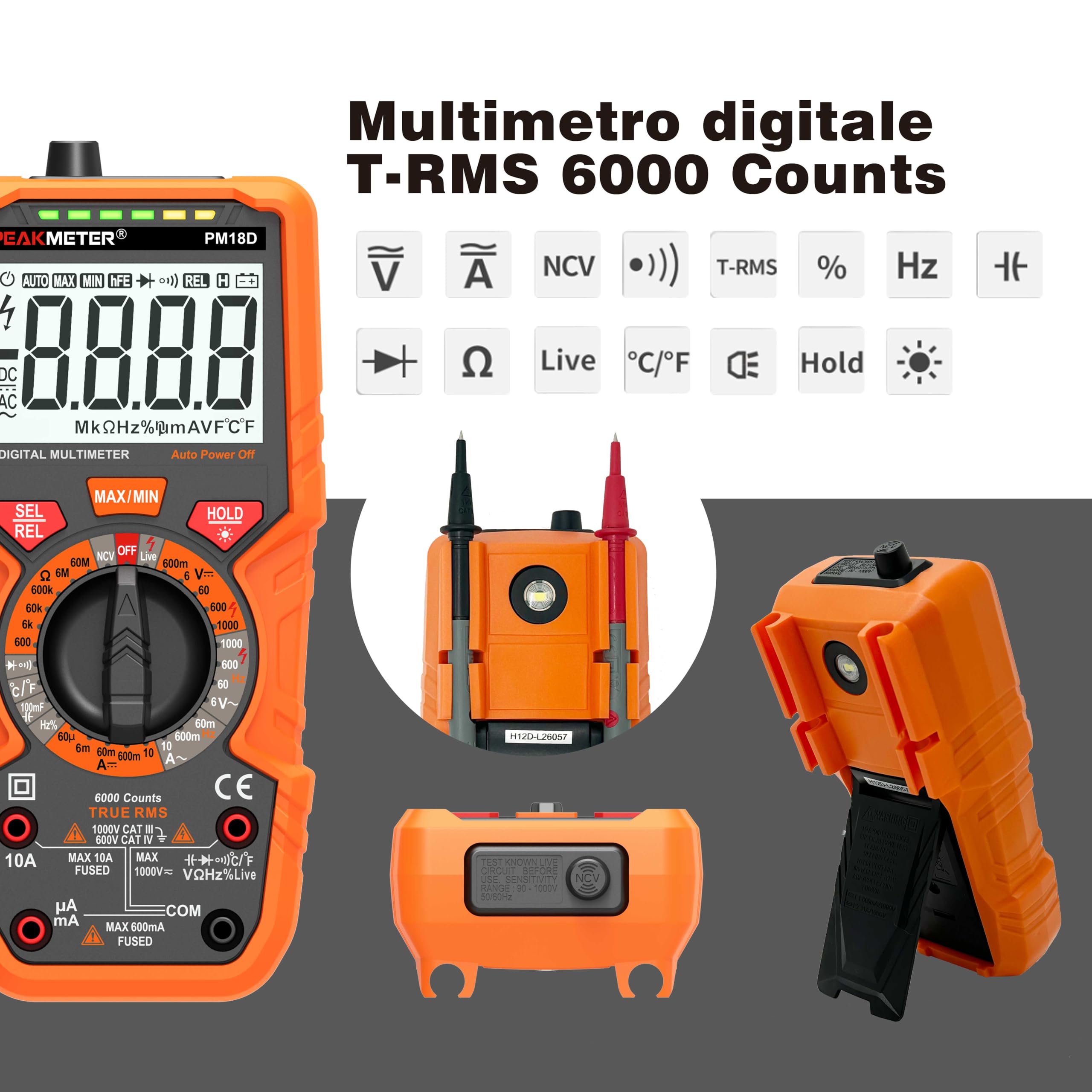 Multimetro digitale con 6000 conteggi, Amperemetro Ohmmetro Voltmetro TRMS, Misura la resistenza alla corrente di tensione Diodo Continuità Temperatura Frequenza NCV con display LCD e torcia elettrica