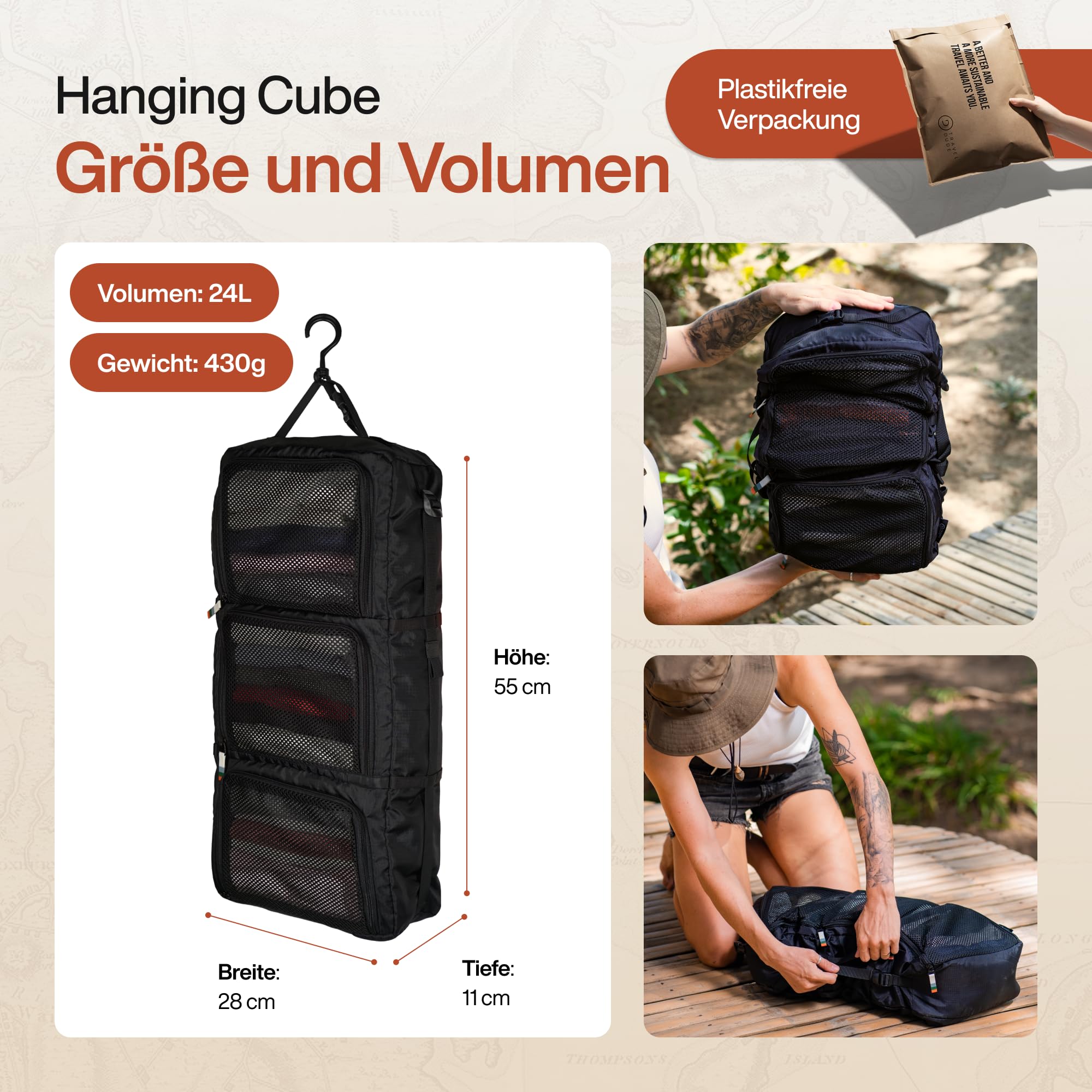 TRAVEL DUDE Hanging Packing Cube mit Kompression aus recycelten Plastikflaschen, Hängende Packwürfel für Rucksack, Reise Regal, Tragbare Packtaschen als Koffer Organizer und Zubehör in Schwarz