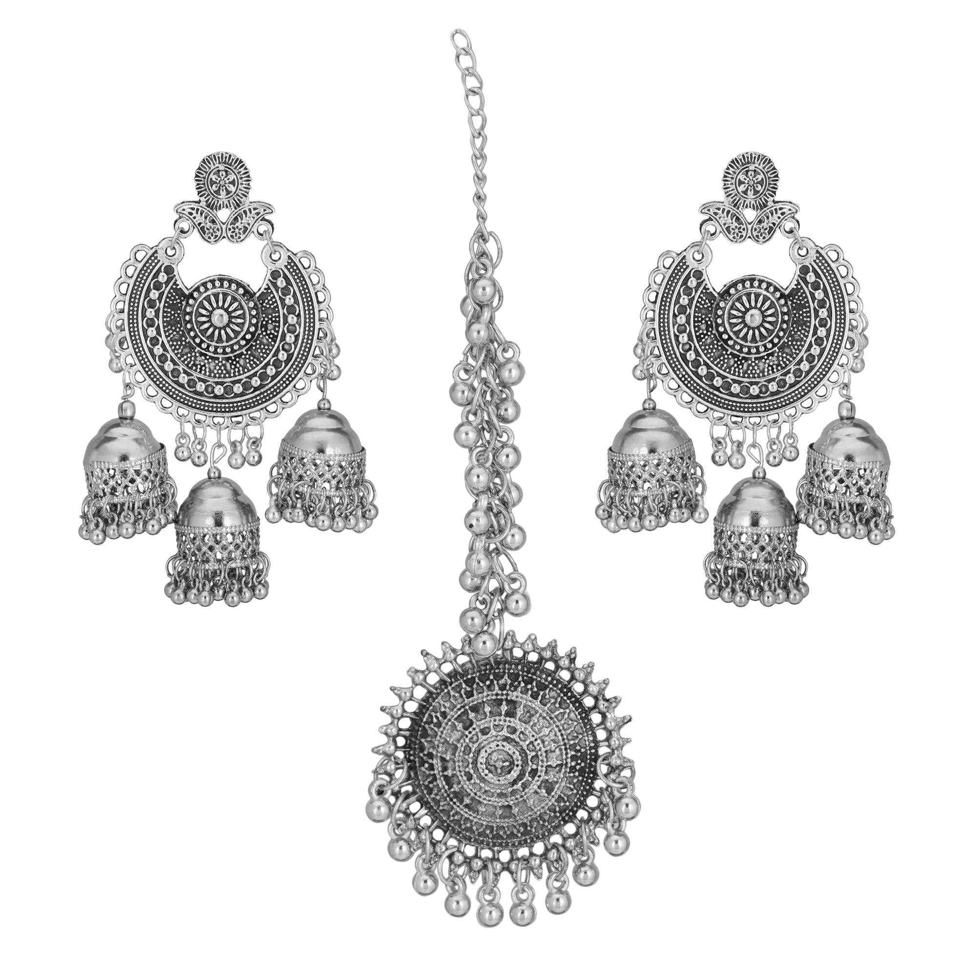 JwellmartIndian Ethnic Partywear Traditional Oxidized SIlver Beaded Navratri Jhumka Jhumki Earrings with Maang Tikka Combo for Women