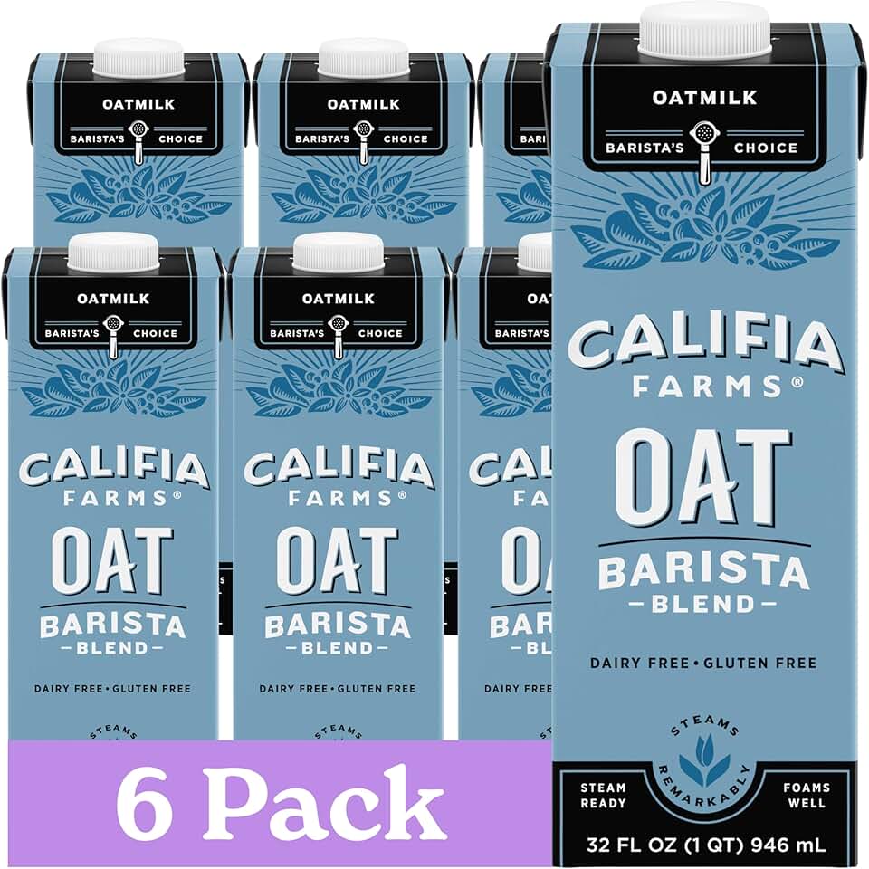 Califia Farms Oat Barista Blend Oat Milk, 32 Oz (Pack of 6), Shelf Stable, Dairy Free, Plant Based, Vegan, Gluten Free, Non GMO, High Calcium, Milk Frother, Creamer, Oatmilk