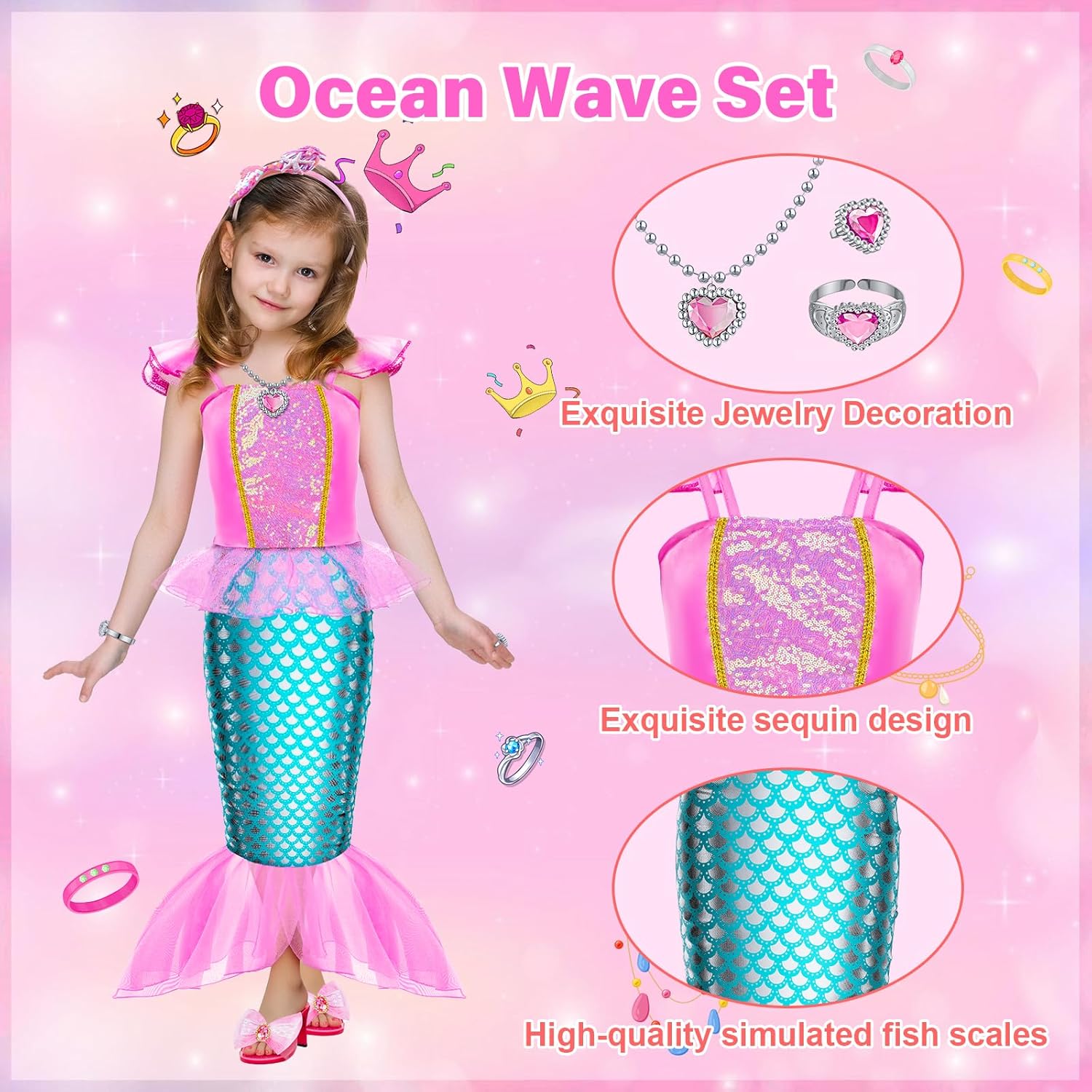 Princess Dress Up for Girls, Dress Up Clothes for Toddler Girls Set, Princess Toys Christmas Halloween Birthday Gifts for 3 4 5 6 7 8 Little Girl - Image 3