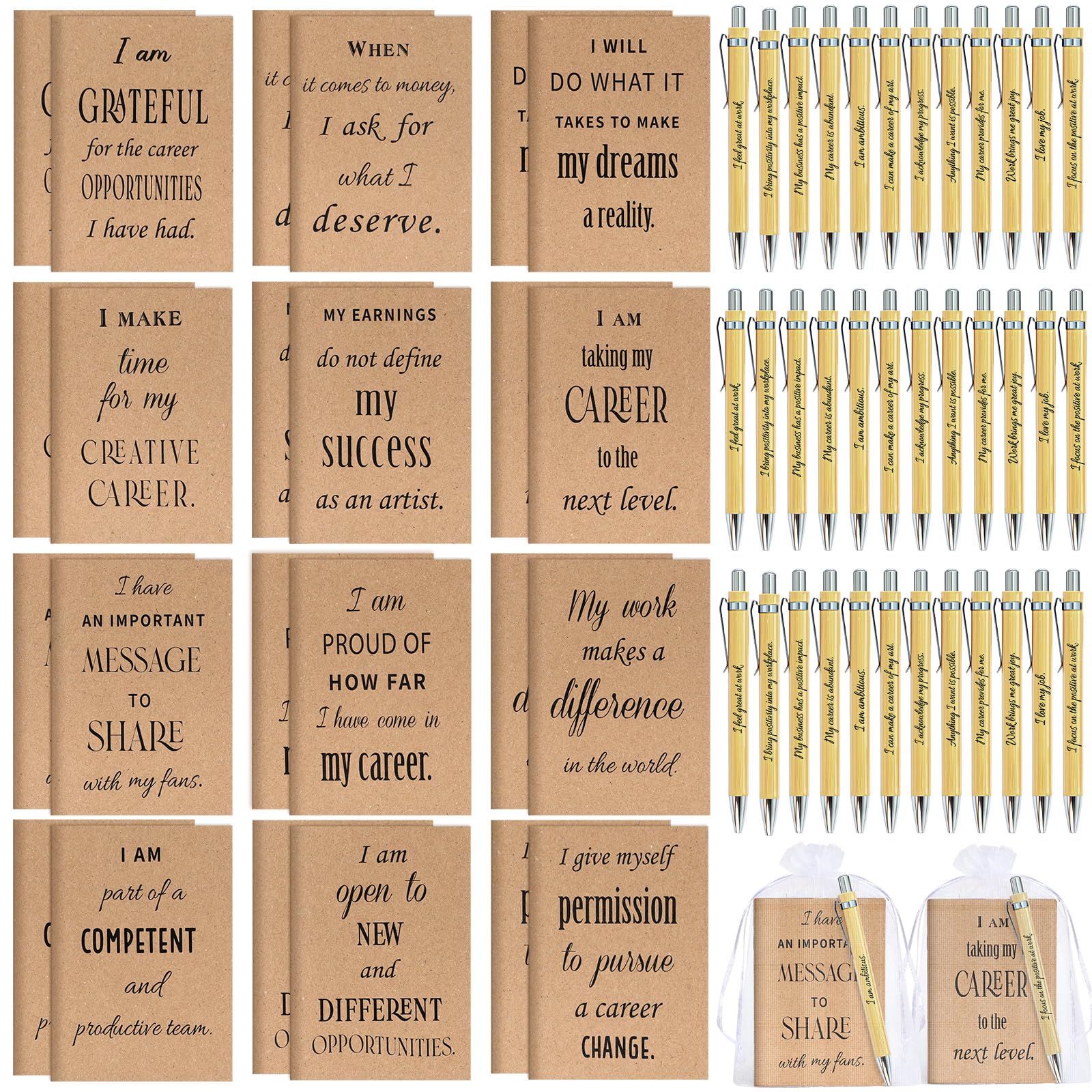 Mooliwe 24 Set/48 Pcs Positive Affirmation Gift Set Gratitude Notebooks with Pens Small Bags Motivational Encouragement Notepads Daily Affirmations Journal for Women Stress Relief Self Care (Kraft)