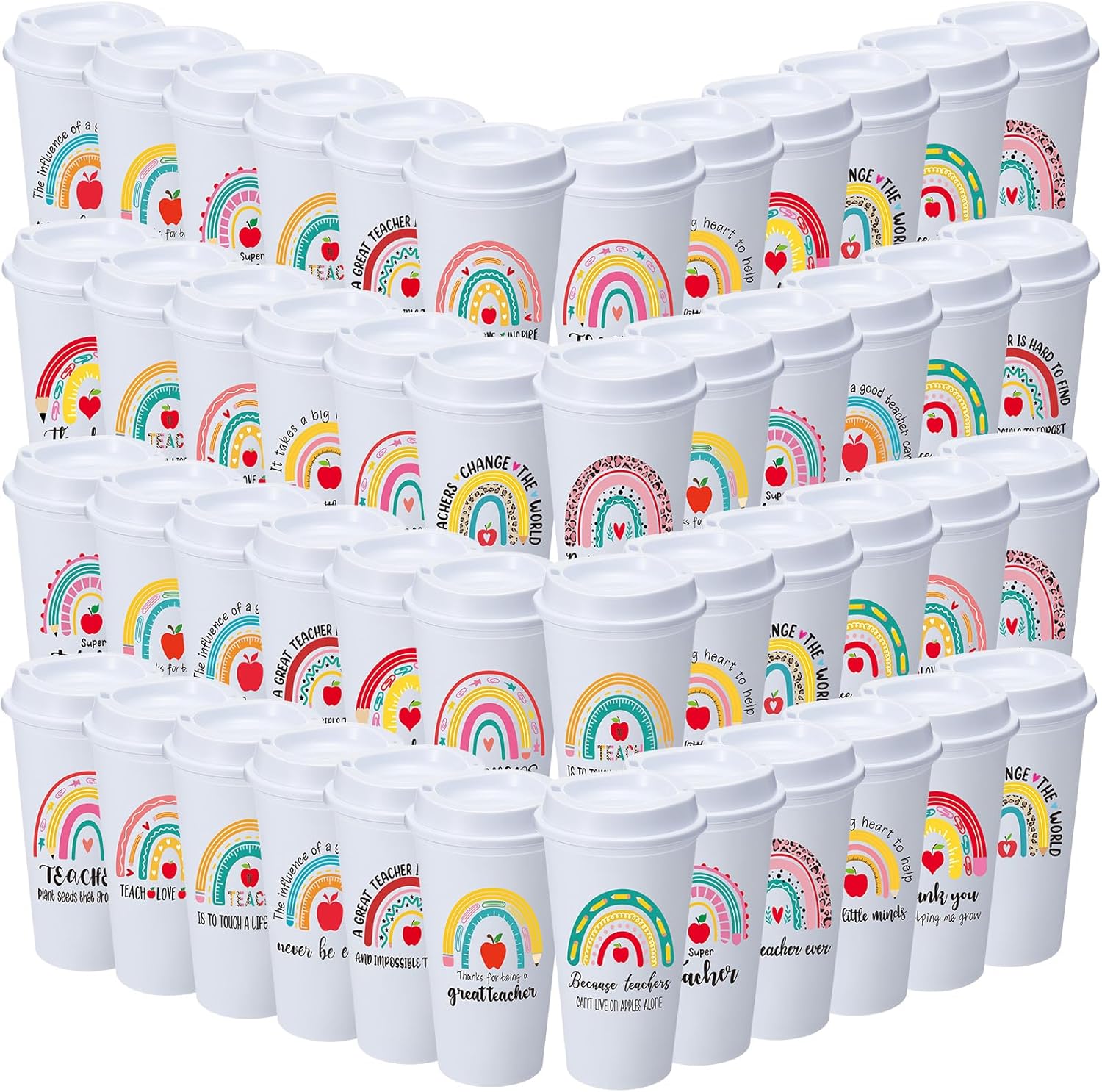 Skylety 48 Pcs Teacher Appreciation Gifts Bulk Thank You Teacher Gifts 16 oz Coffee Cups with Lids for Preschool, Daycare, Kindergarten, Back to School (White,Cute Rainbow)