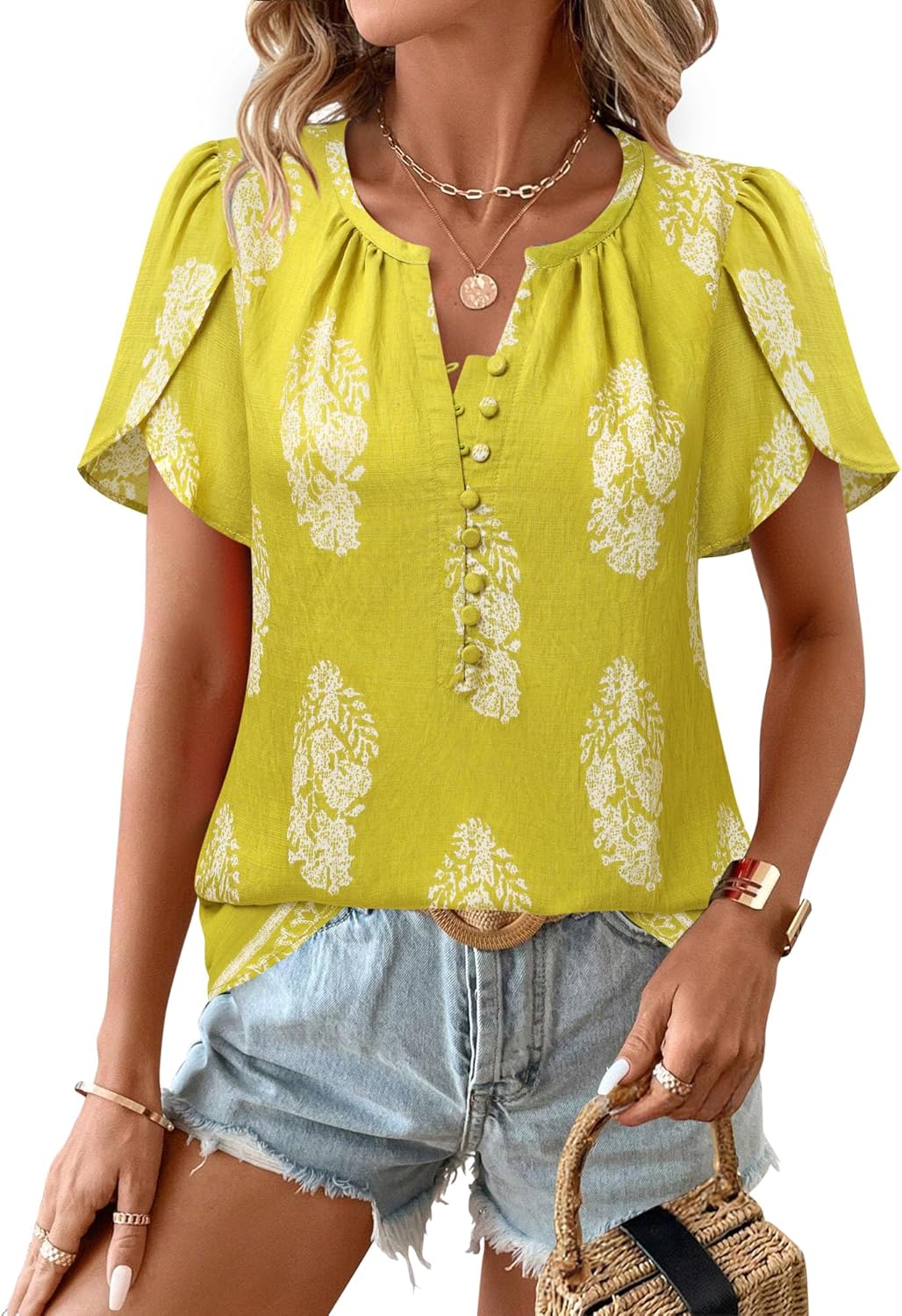 Timeson Womens Summer Tops Boho Short Sleeve Business Casual Blouses Button Down Floral Shirts Fashion Beach Vacation Clothes - Image 2