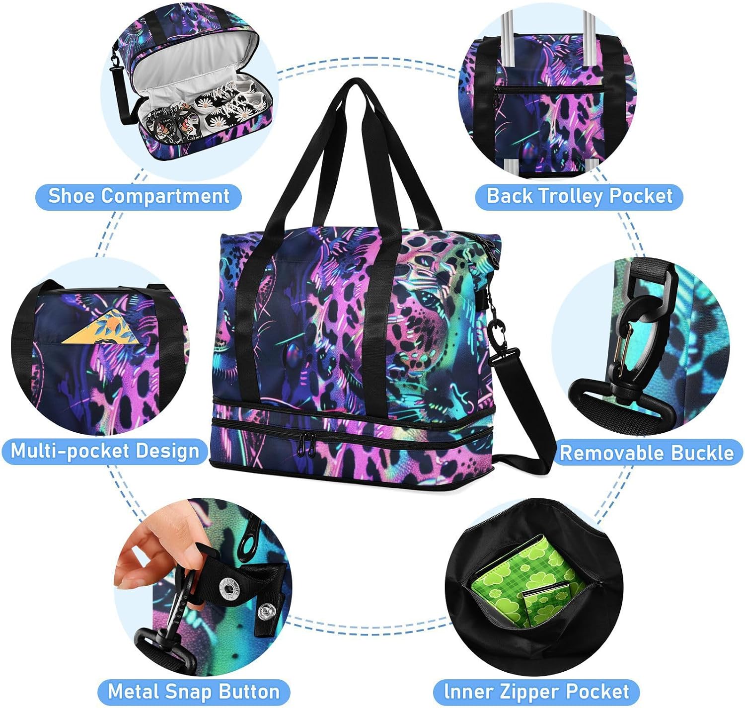 Holographic Leopard Gym Tote Bag Sport Training Bag with Toiletry Bag for Sports Waterproof
