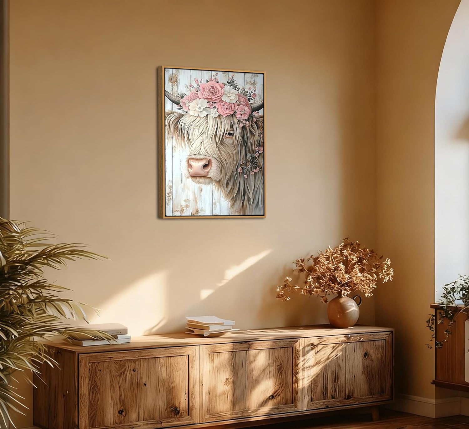 Framed Funny Highland Cow Canvas Wall Art Country Farmhouse Poster Print Artwork Cute Animal Painting Picture Wall Decor for Bedroom Living Room Bathroom Farmhouse Home Decoration
