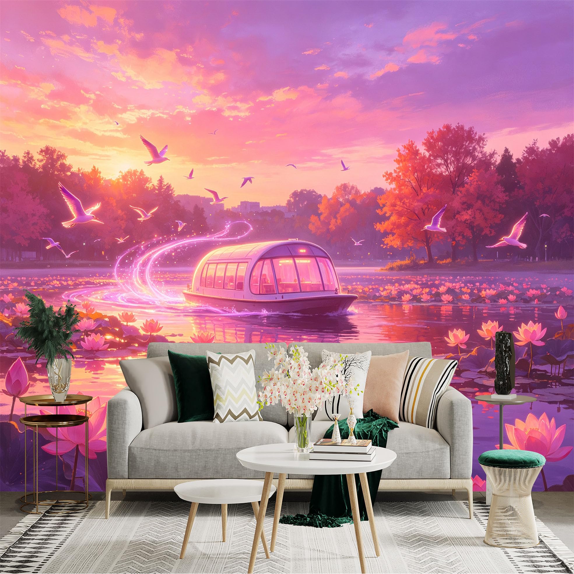 Custom Size Wall Sticker Mural， Dreamy Boat on Lotus Pond， Sunset Glow with Flying Birds， Serene Aquatic Landscape， for wall Decoration， peelandstick wall Decals.