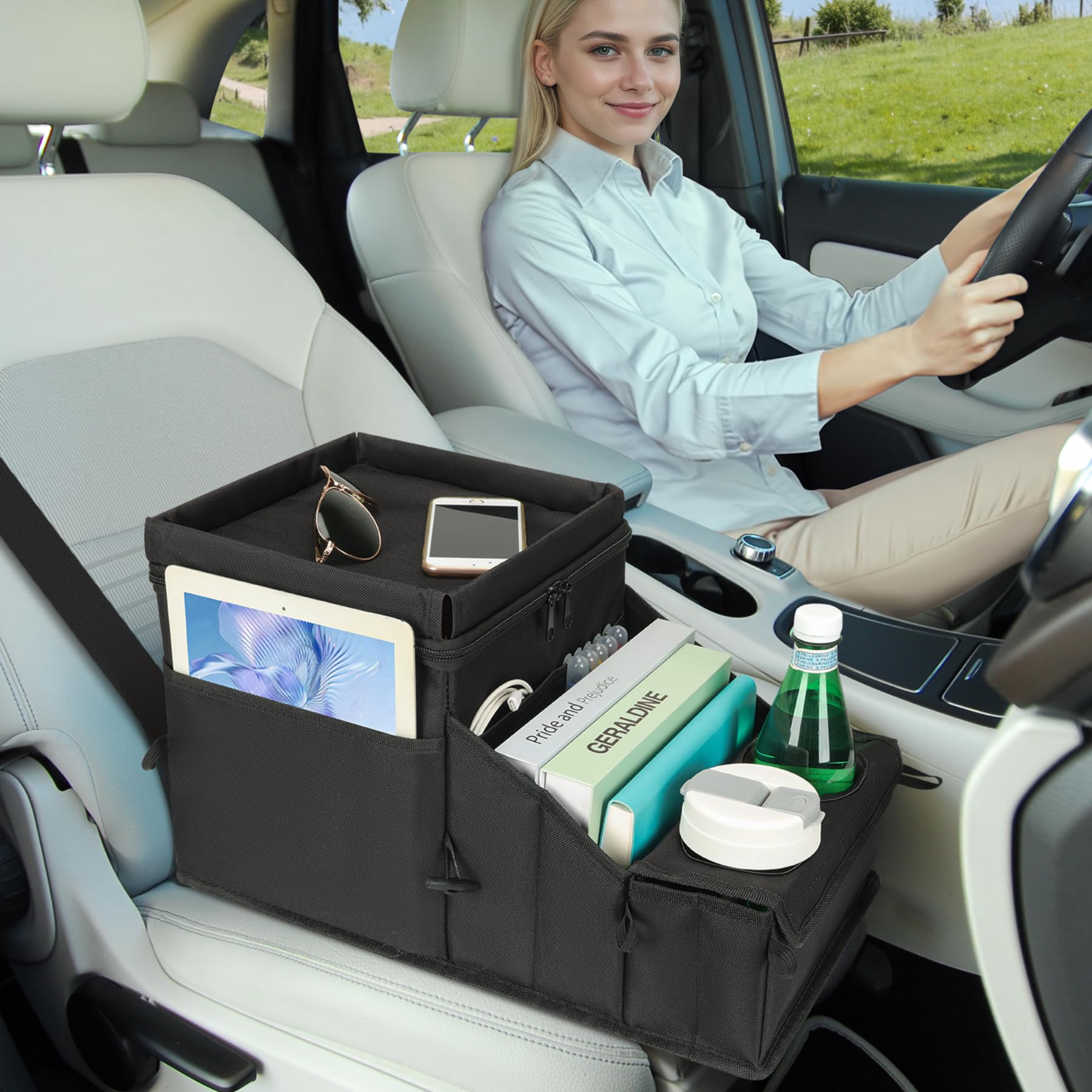 Organisateur Multifonctionnel pour Siège de Voiture, avec Porte-gobelets et Compartiment Isotherme pour Sièges Avant et Arrière – Rangement Voiture pour Jouets, Collations, Enfants et Adultes, Noir