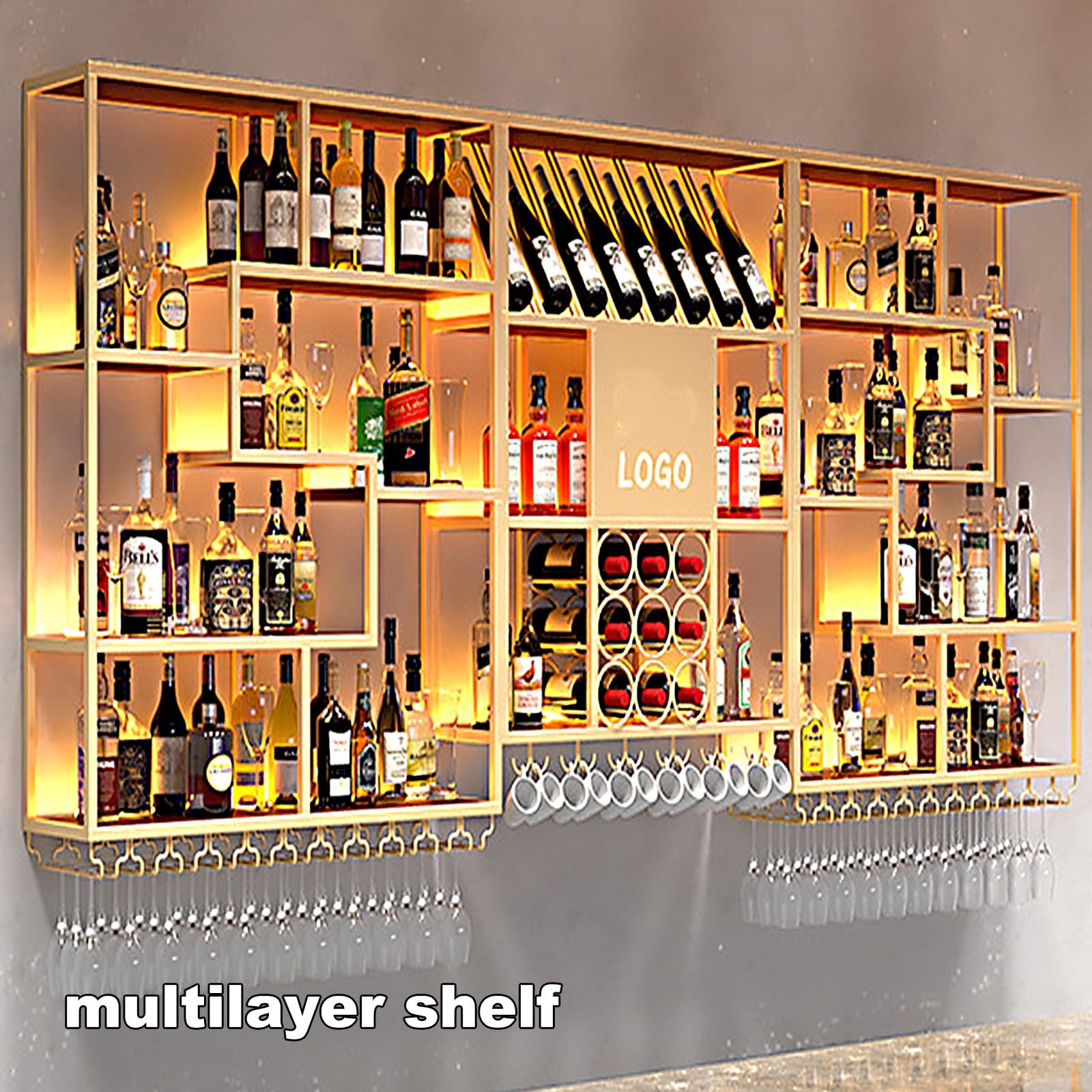 Wall Mounted Wine Rack Botellero de Hierro, Botellero de Pared Soldado a Mano, Botellero Vino Pared Industrial con Ganchos para Copas de Vino Cocina, Hogar, Bar(Gold)