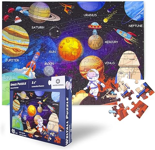 Anzon Mories Rompecabezas de sistema solar de 100 piezas (forma única), rompecabezas espacial grande para niños de 19 x 14 pulgadas, juguete