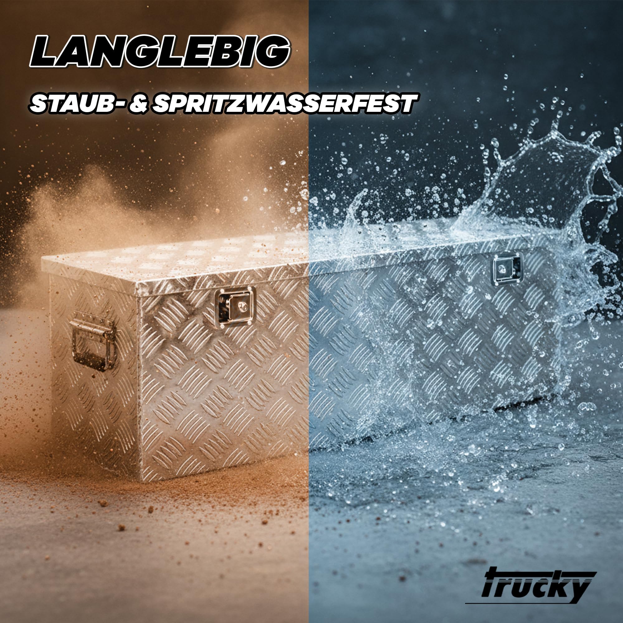 Trucky Skrzynka na samochód z aluminium, model D210, 129 x 39 x 45 cm, zamykana, wytrzymała blacha ryflowana, łącznie z zestawem montażowym, do warsztatu, hobby, samochodu