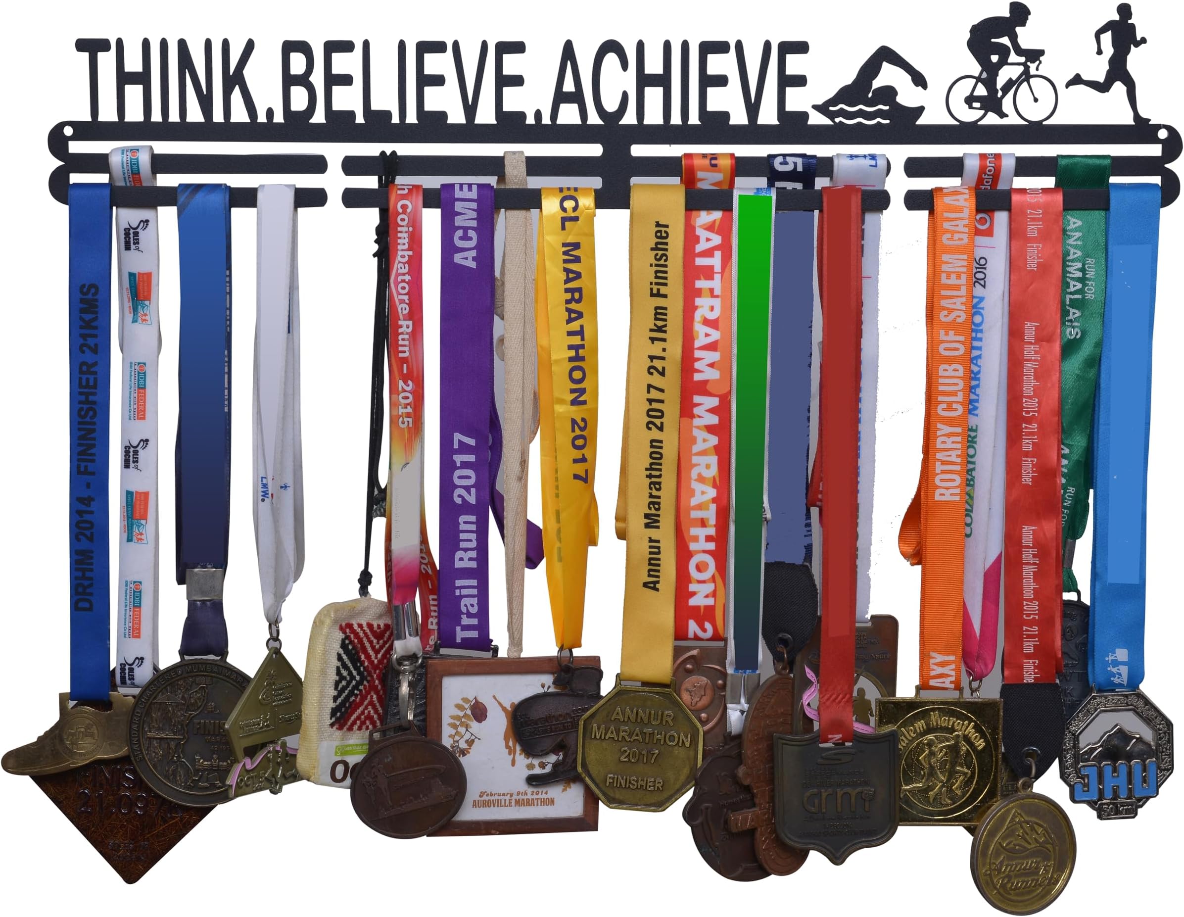 Think Believe Achieve Medal Hanger - Black Wall Medal Holder (56 cm x 9 cm) | Wall Medal Display for 40+ Medals. Medal Stand for Cycling, Swimming, Running, Triathlon.
